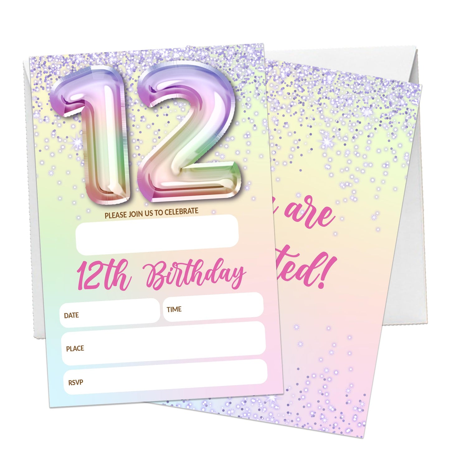 5th Birthday Invitations For Girl,Purple Glitter Birthday Invites, 20 Fill-in Rainbow Balloons Invitation Cards With Envelopes, Fifth Party Decorations 4x6 Inch-D05 WN420