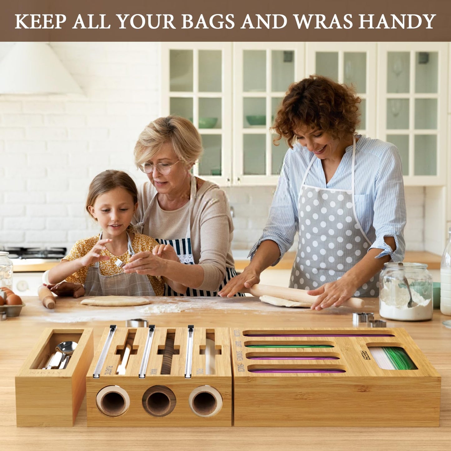 Bamboo Foil and Plastic Wrap Organizer for Kitchen Drawer, 9 in 1 Plastic Bag Organizer Organization and Storage, Food Storage Bag Organizer with Labels for Quart Gallon Snack (White) DD1210
