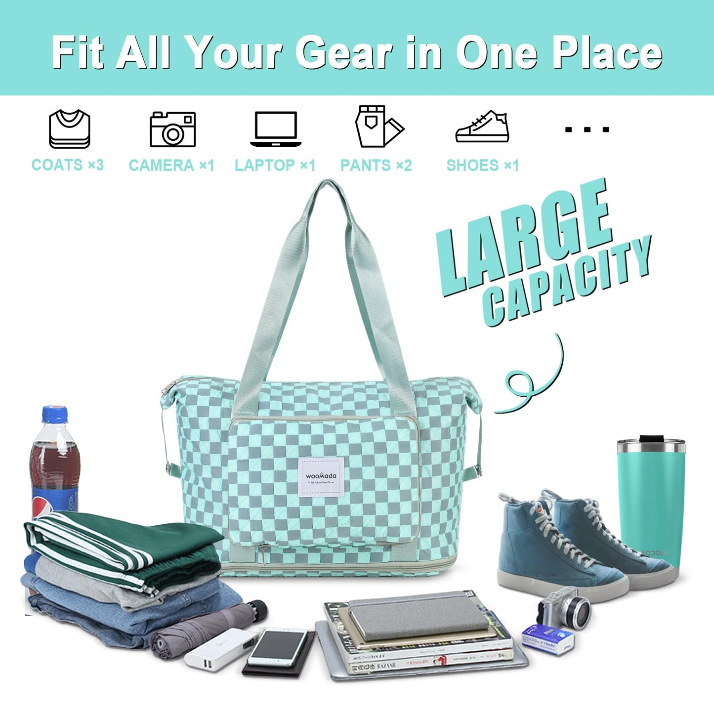 WOOMADA Foldable Travel Duffel, Weekender & Carry-On Bag with Expandable Space BST326H