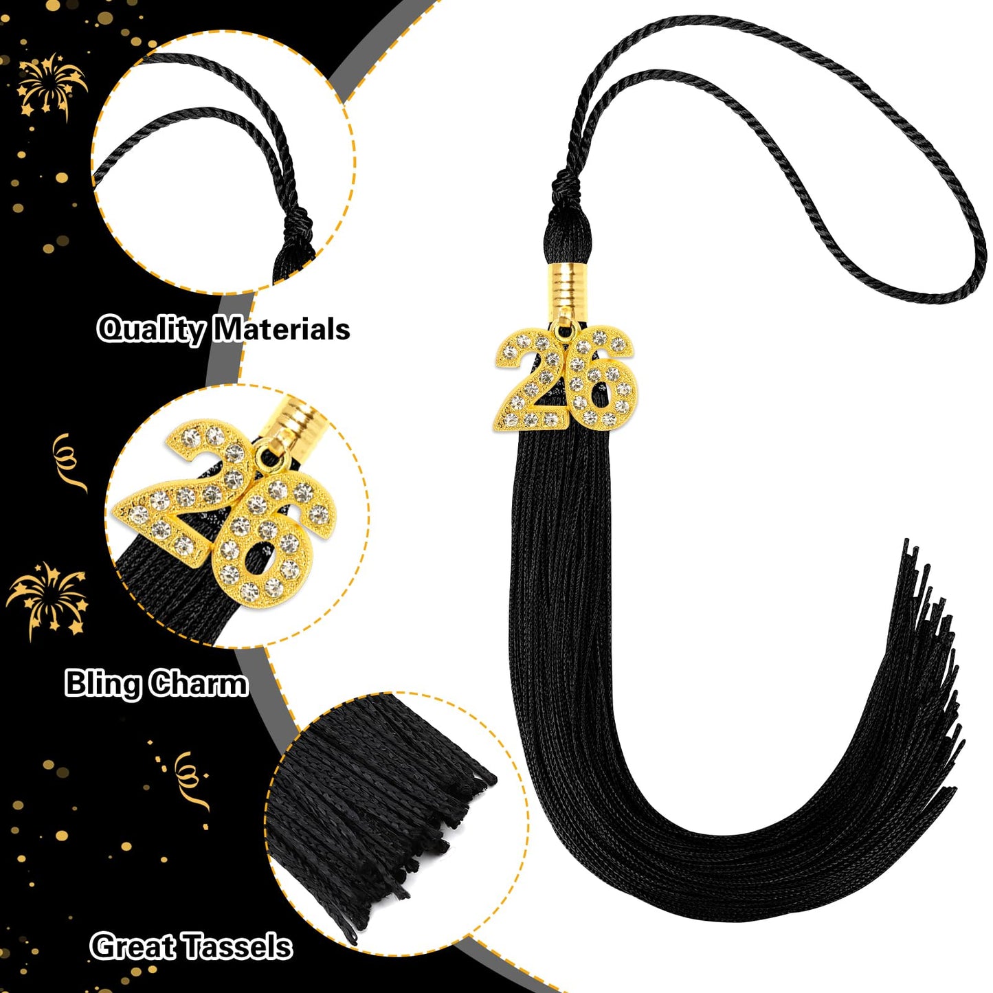 JULMELON 2026 Graduation Tassel, 2026 Graduation Cap Tassel with Bling Charm for 2026 Graduate Hat Ceremonies Accessories (Black) BST220
