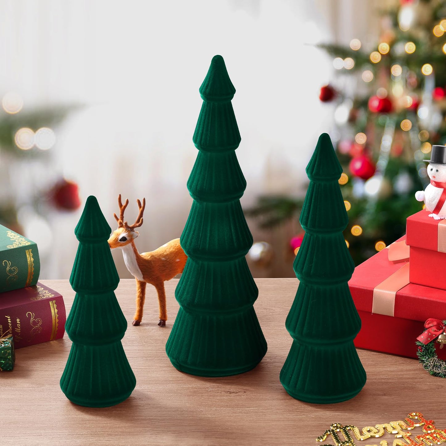 Wooden Christmas Tree Figurine, 3 Pcs Tabletop Xmas Tree, Christmas Centerpiece Decor for Home Entryway Mantel Shelf Table Fireplace Holiday (White-Wood) BST326H