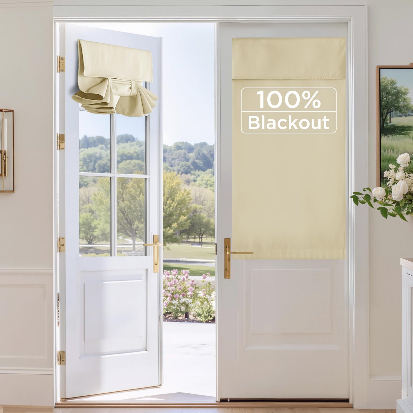 RYB HOME 100% Blackout French Door Curtains for Door Window - Room Darkening No Coating Thermal Insulated Privacy Protection Adhesive Cover for Glass Window, W 26 x L 40, 1 Panel, Black BST220