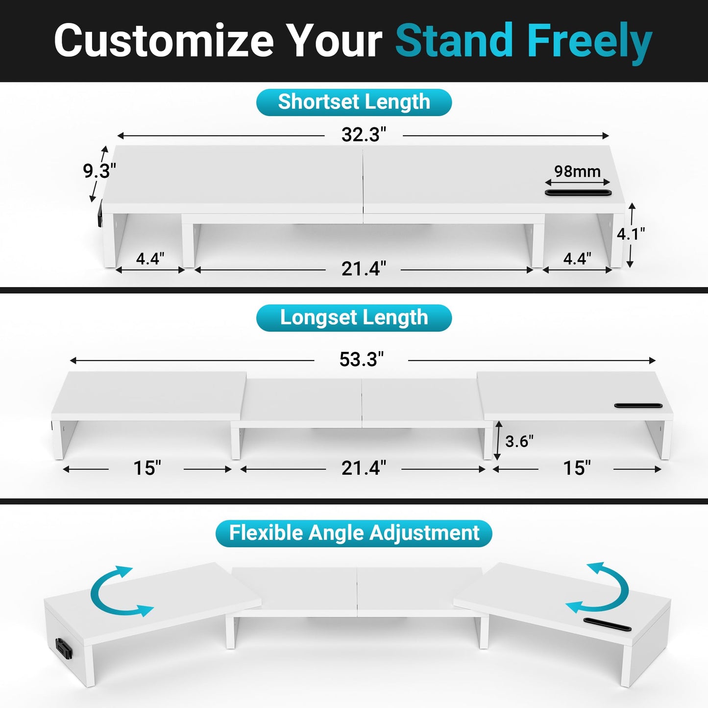 BONTEC Dual Monitor Stand Riser, Adjustable Length & Swivel Angle, Pink | Ergonomic Wooden Desktop Organizer with Smartphone Holder, Computer Monitor Stand for PC, Laptop, Printer and Large Storage BST202
