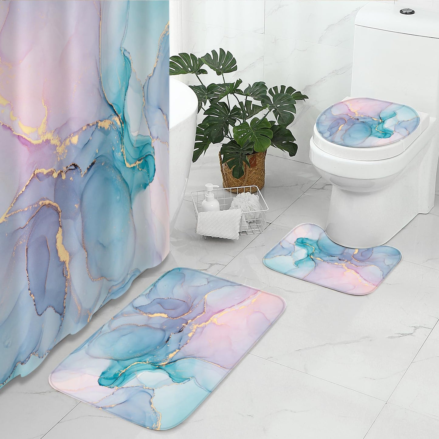 Gibelle 4 Pcs Bathroom Shower Curtain Set with Non-Slip Rugs, Toilet Lid Cover and Bath Mat, Grey Blue Marble Bathroom Decor Set with Shower Curtain and Rugs and Accessories BST326H