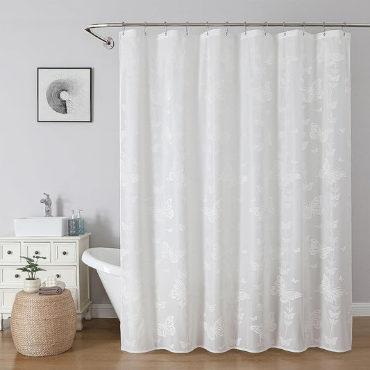 Onalasyc White Butterfly Shower Curtain, Lace Butterfly Shower Curtains for Bathroom White Sheer Shower Curtain Vintage Aesthetic Decor Bathroom Waterproof Shower Cutain, 12 Pcs Plastic Hooks, 72x72in WN420