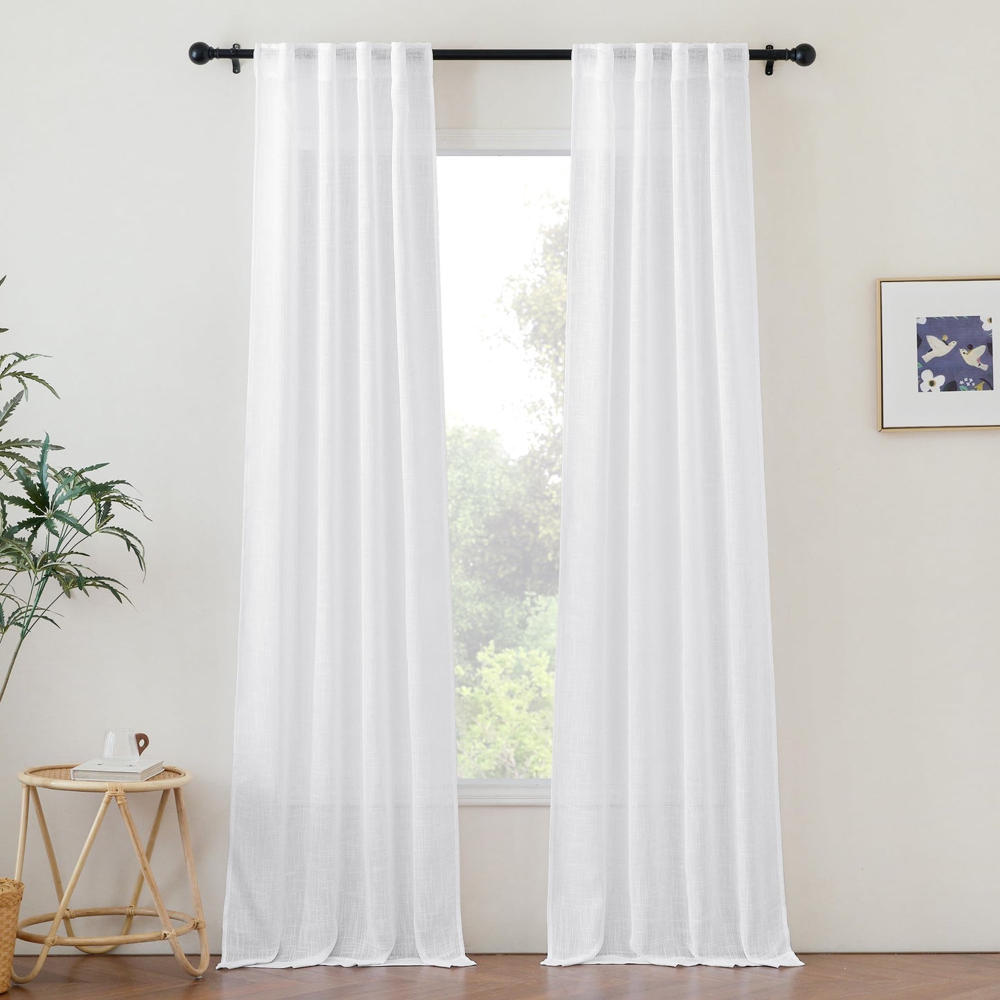 NICETOWN White Semi Sheer Kitchen Curtains 30 inch Length, Rod Pocket & Back Tab Faux Linen Blend Privacy with Light Filtering Window Drapes for Cafe, W34 x L30, 2 Panels BST220