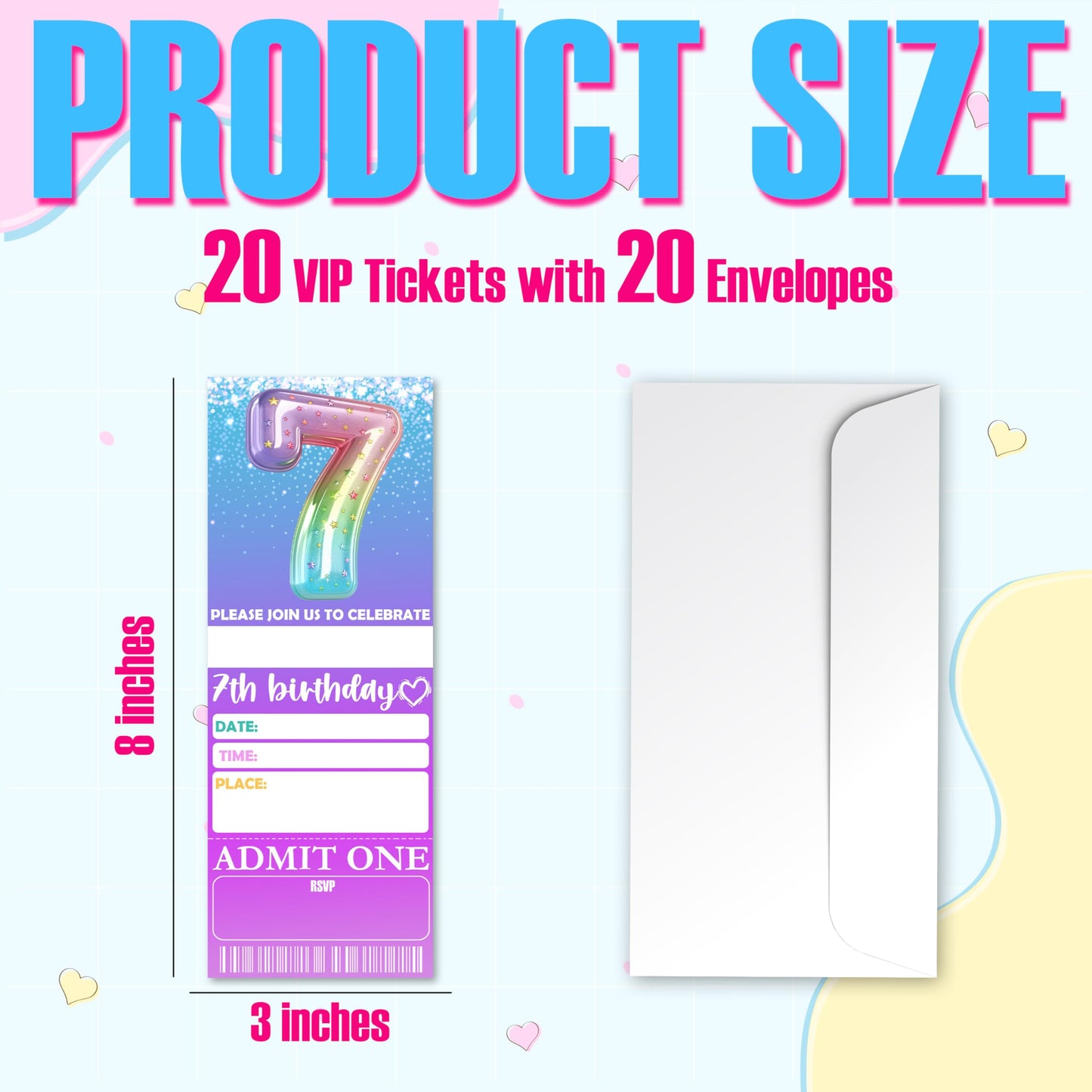 7th Birthday Party Invitations - 3’’ x 8’’ Rainbow Foil Balloon Invites Cards - 20 Double-Sided Fill-in Vip Tickets With 20 Envelopes For Girls Teens - Birthday Party Supplies Decorations - B02 BST326L