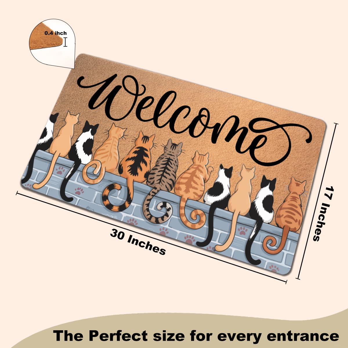 Funny Cat Door Mat 18x30 Inch, Faux Coco Coir Doormat with Non-Slip PVC Backing, Cats Printed Welcome Mat for Outdoor Indoor Entryway Porch Home Kitchen Patio, Cat Lover Gifts for Women Mom BST202