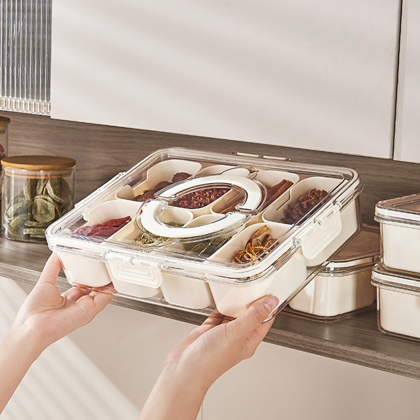 VOUKEN 2PCS Plastic Divided Serving Tray with Lid Snackle Box Charcuterie Container Portable Snack Platters Organizer for Candy, Fruits, Snacks, Nuts, for Party, Entertaining, Picnic (8 Compartment) BST326H