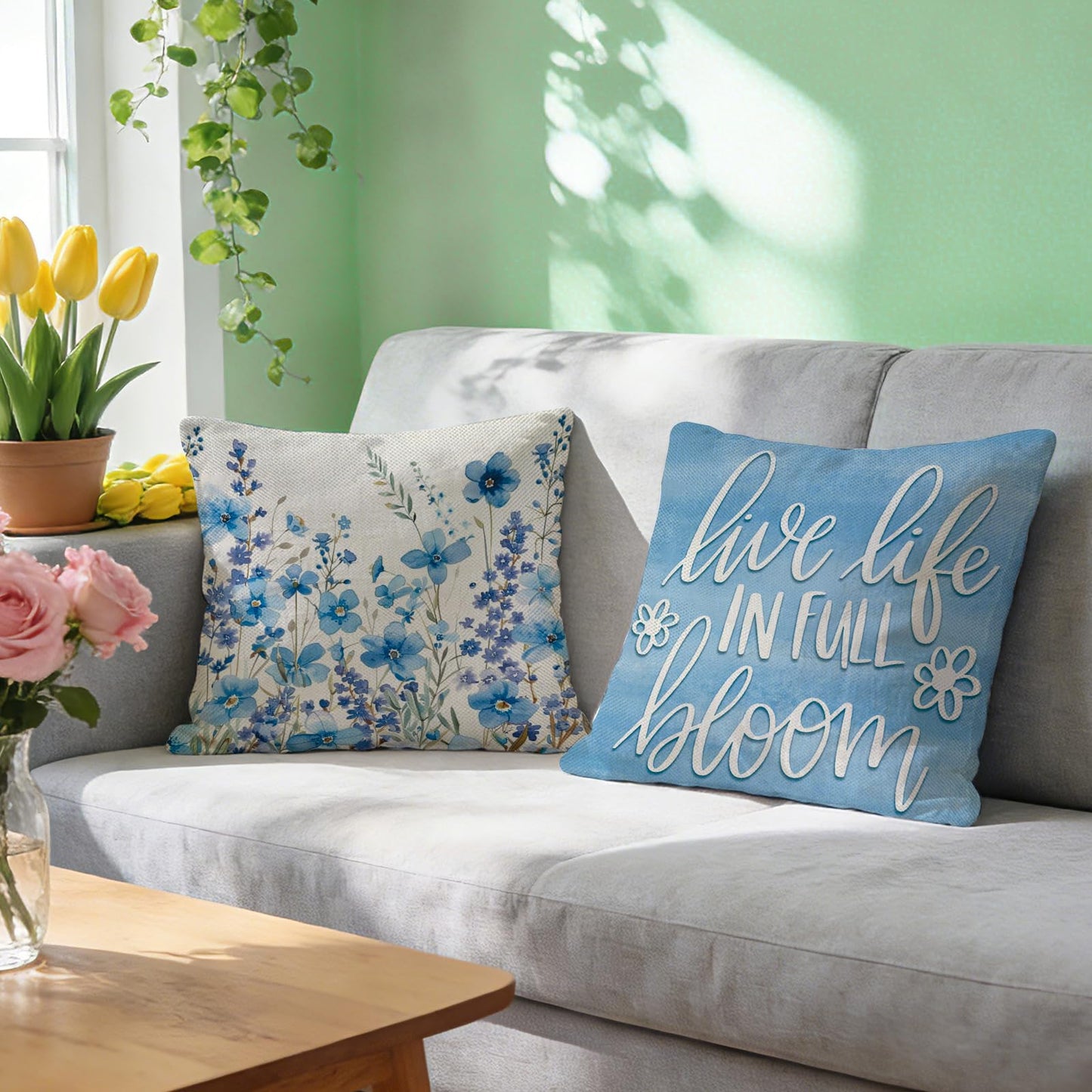 Spring Summer Daisy Flower Decorative Throw Pillow Covers | 18 x 18 Set of 4, Home Sweet Home Floral Wreath Watering Can Boots Porch Home Decor, Live Laugh Love Farmhouse Sofa Couch BST202
