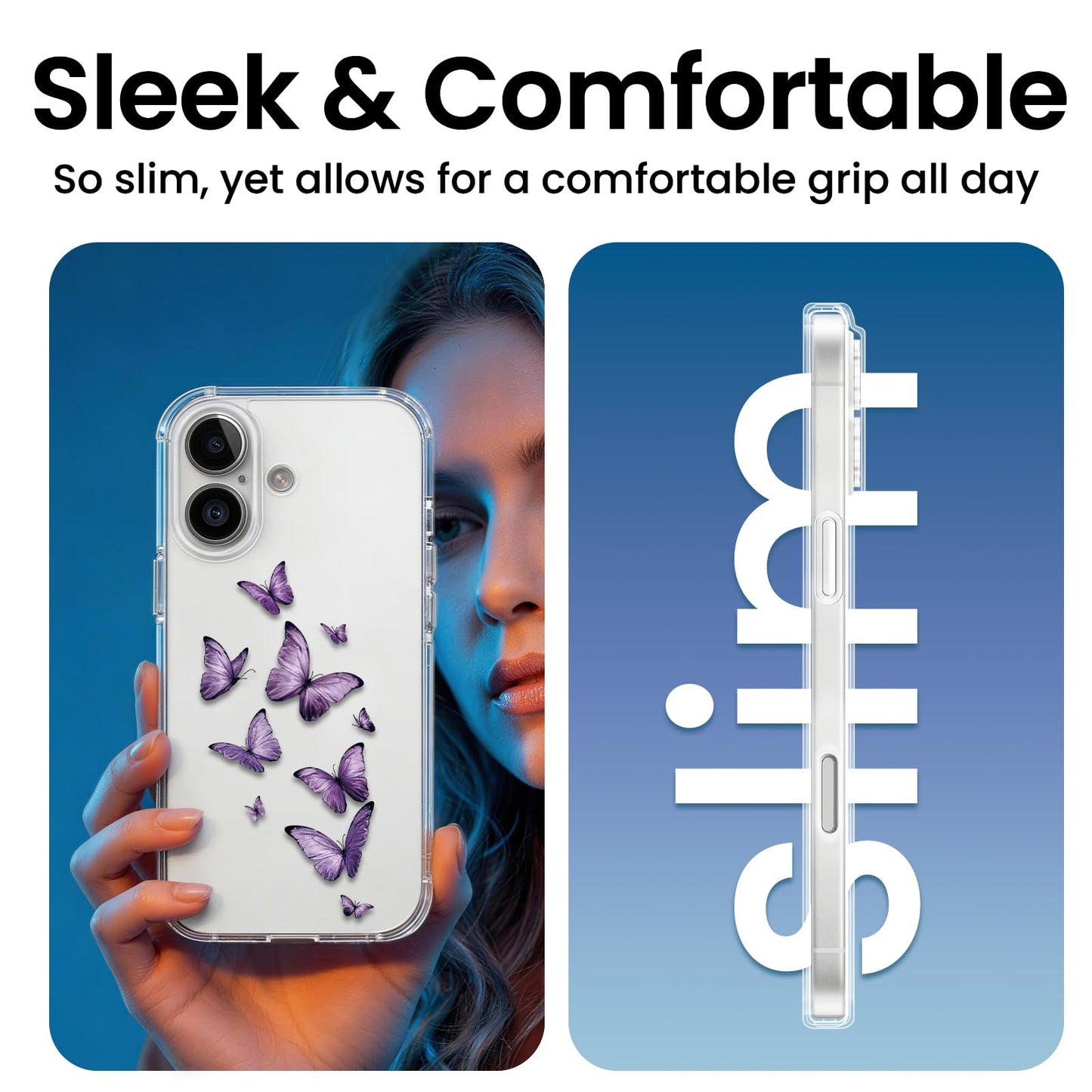Cute Girly Crystal Clear Case Compatible with iPhone 16 Pro, Camera Control & Shockproof Protection Floral Case for Women, Blue Butterflies WN420