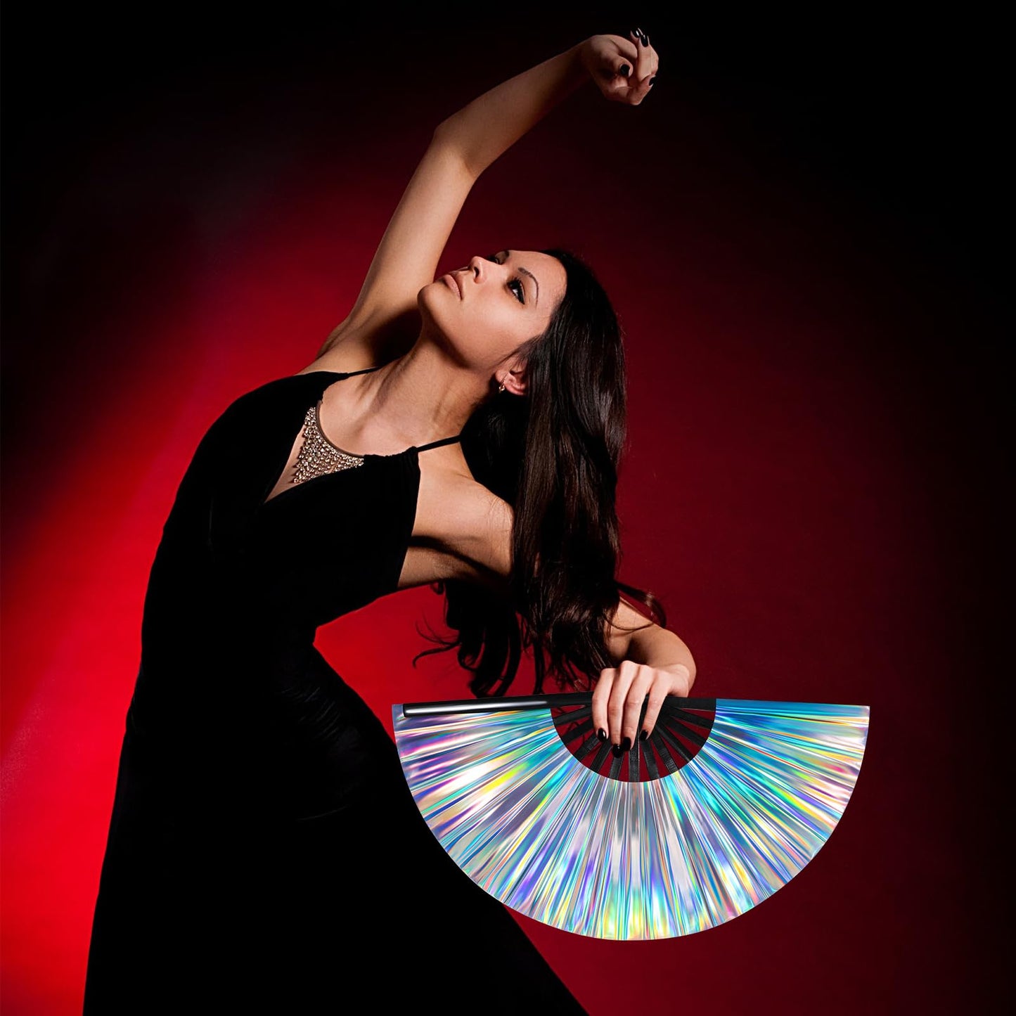 FairySandy Large Rave Fan UV Glow Clack Summer Hand Fan with Thigh Holster for Women Carnival Party Supplies for Carnival Edm Music Festival Club Accessories(Cool Style,Black) WN420