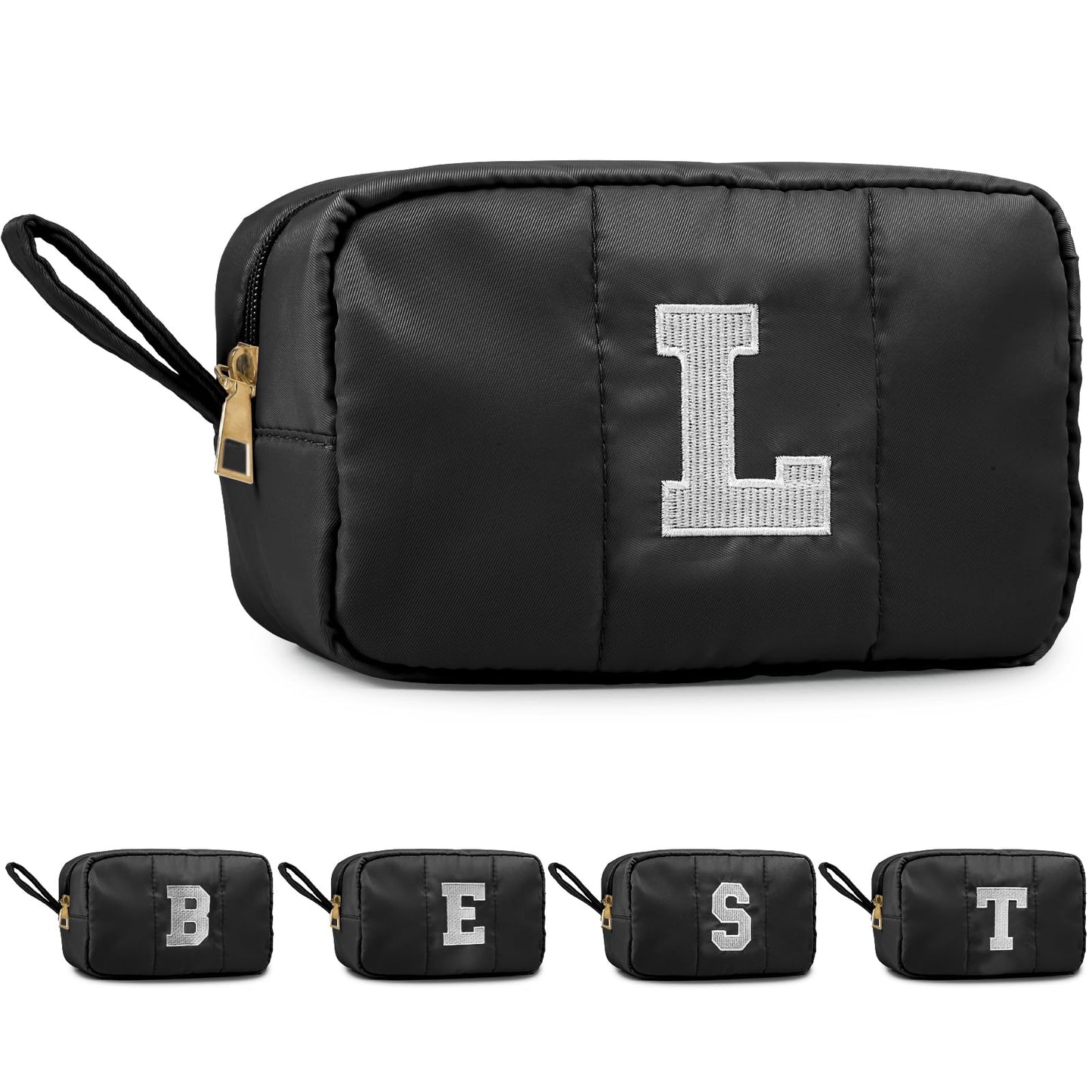 Puffy Makeup Bag for Women,Initial Cosmetic Bag,Cute Travel Toiletry Bag,Puffer Make Up Organizer Bags with Compartments,Personalized Gifts for Girlfriend Bridesmaid Teacher Graduation (Khaki gray, E) BST202