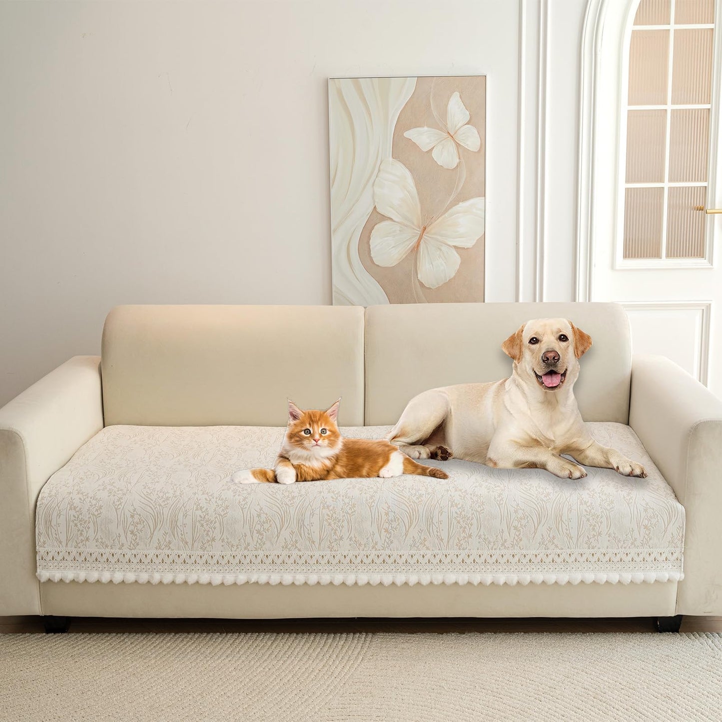 HANDONTIME Fuzzy Dog Couch Cover Washable, Pet-Friendly Sofa Covers Non-Slip Geometric Jacquard Pet Protector Furniture Cover for 3 Cushion Sofa Cozy Fuzzy Dog Mat for Couch (Grey, 35.4" x 70.9") BST202