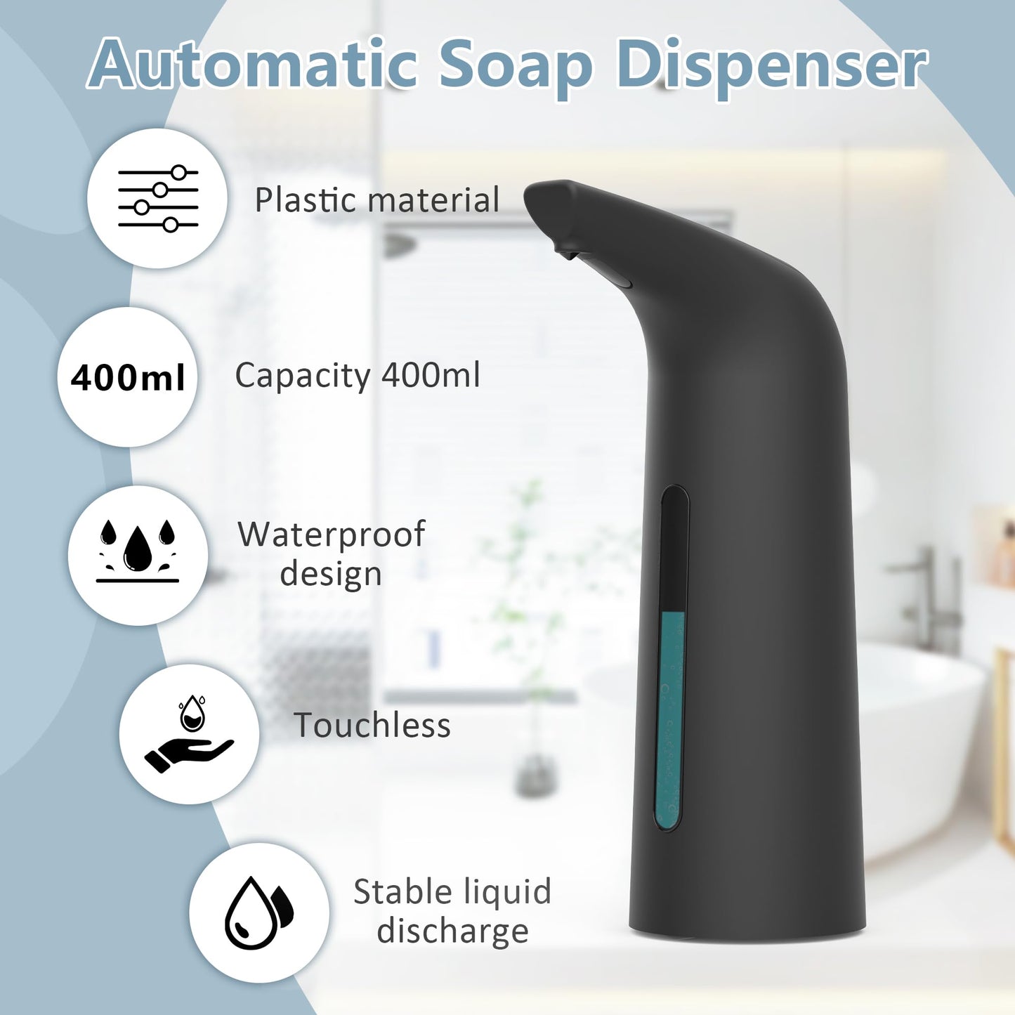 Automatic Soap Dispenser Touchless,400ML Hand & Dish Countertop Electric Liquid Dispenser with Sensor,Modern 4 Gear Adjustable Black Waterproof Battery Operated Kitchen Auto Soap Pump WN420