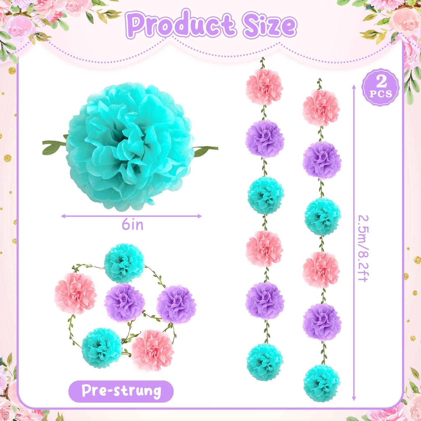 kreat4joy 4pack Pink Purple Tissue Paper Pom Poms Flowers Garland Leaf Ribbon 98.42inches Pre-Strung Reusable Ceiling for Birthday Baby Shower Wedding Bridal Shower Home Event Wall Party Decoration BST220