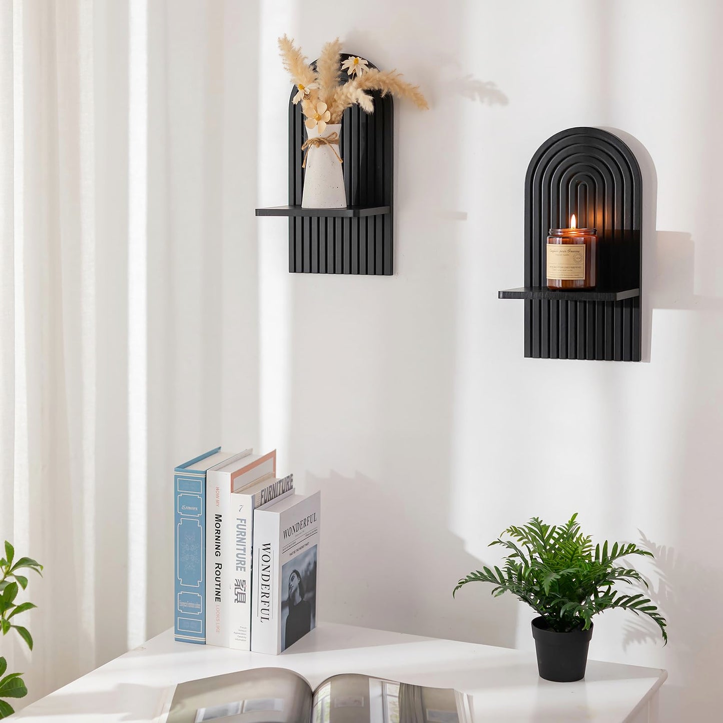 Boho Wall Candle Holder Decor: Mid Century Candle Sconces Set of 2 for Plants Pillar Candles - White Wood Modern Minimalist Arch Candle Shelf Bohemian Art Decor Beside Fireplace TV BST220