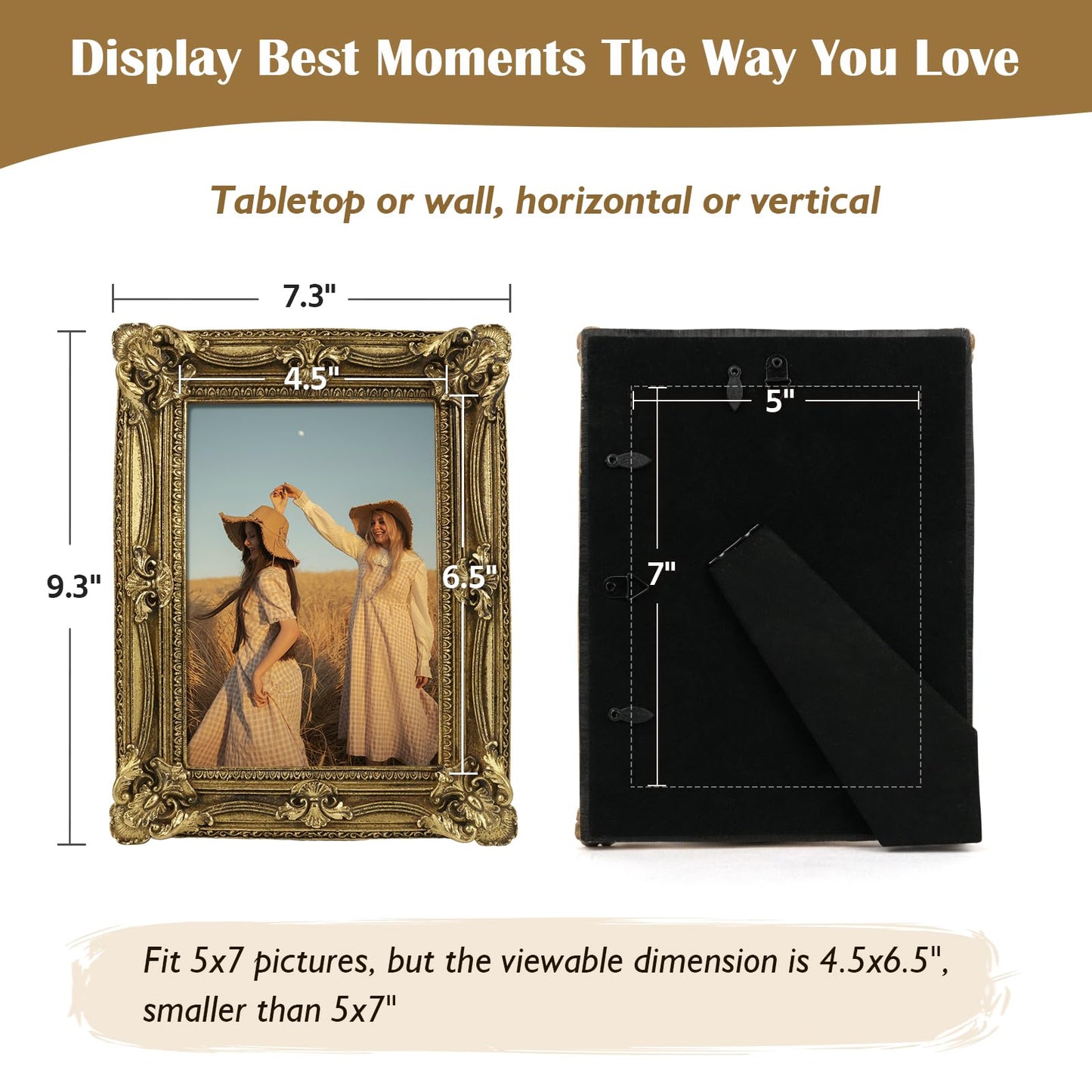 5x7 Wedding Picture Frame Gold,2 Pack Small Frame for Gallery Decor | Durable Resin Material,Tabletop & Wall Display,Real Glass,Rose Floral Design,Antique Brass Finish,Wedding Arrangement Decor BST326H