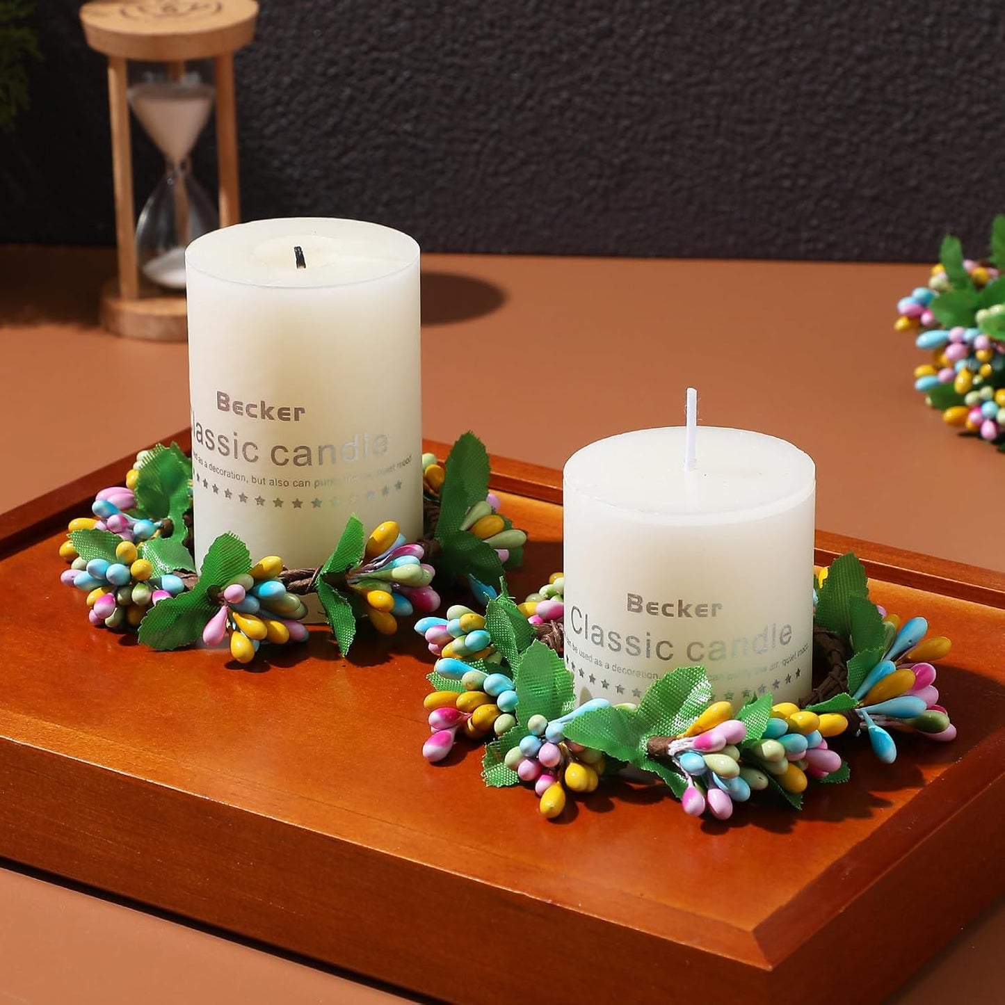 PATKAW 4 PCS Easter Candle Rings Wreaths, Spring Mini Artificial Greenery Wreath for Pillar Candles, Floral Leaf Candl·e Ring Decor for Holiday Party Table Centerpiece, Home Kitchen Decoration BST202