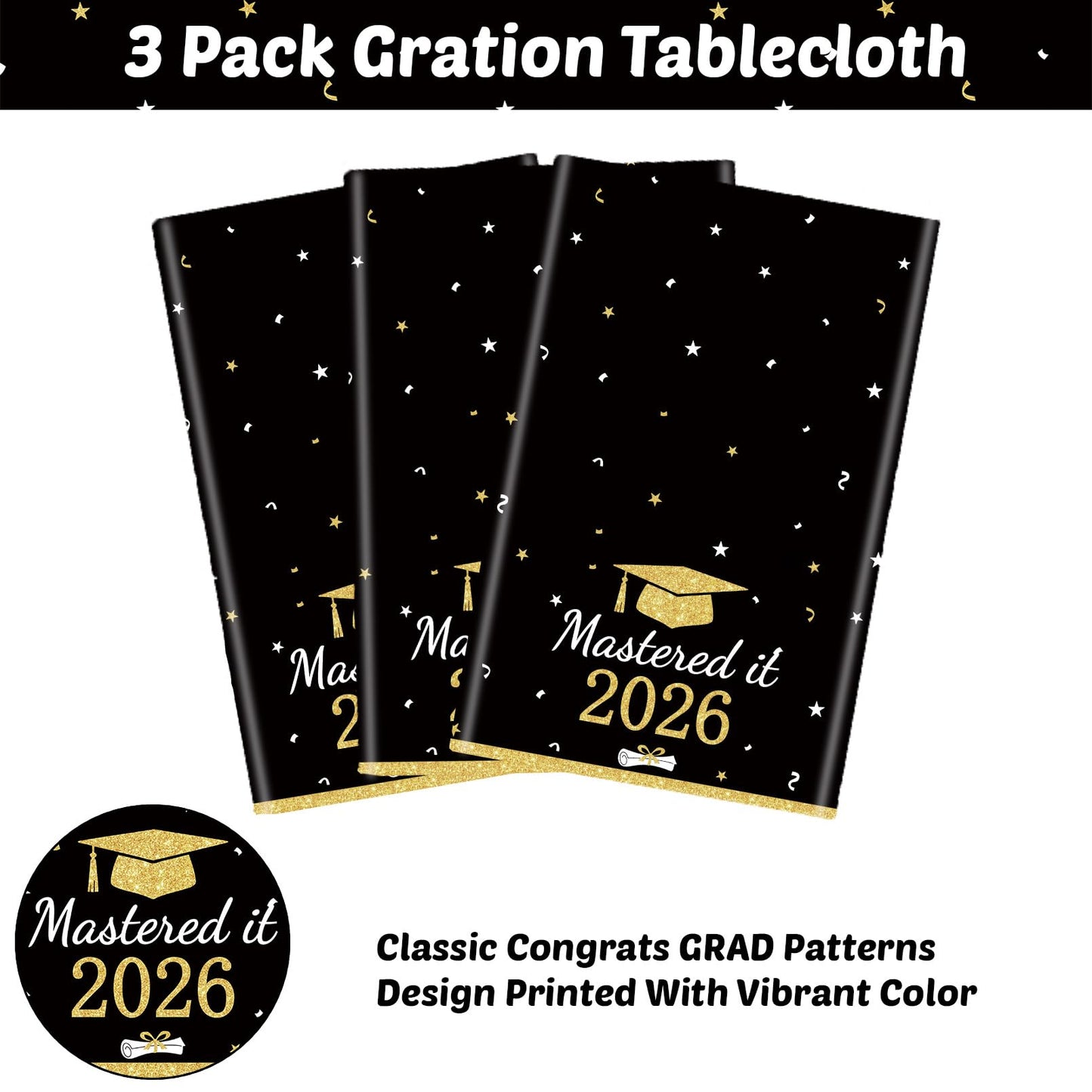 3PCS Mastered It Graduation Tablecloth Black Gold Congrats Grad Table Cover Plastic Master's Graduation Party Supplies for Class of 2026 Master College Disposable Decorations WN420
