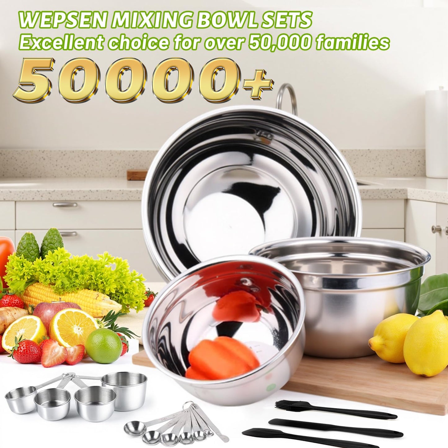 WEPSEN Mixing Bowls Set, 25PCS Stainless Steel Mixing Bowl with Lid Set, Large Nesting Bowls 7, 4.5, 3,2, 1.5QT, Measuring Cups and Spoons Baking Utensils Metal Bowl for Kitchen Prep BST220