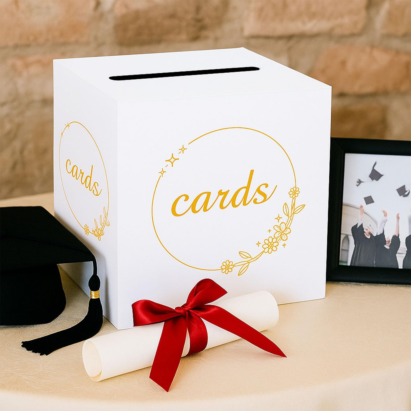 1 Pack White and Gold Wedding Card Box for Party Graduation Bridal Baby Shower Retirement Decorations Cardboard Birthday Card Holder Raffle Ballot Voting Box with Slot 7.8 x 7.8 x 7.8 In BST220