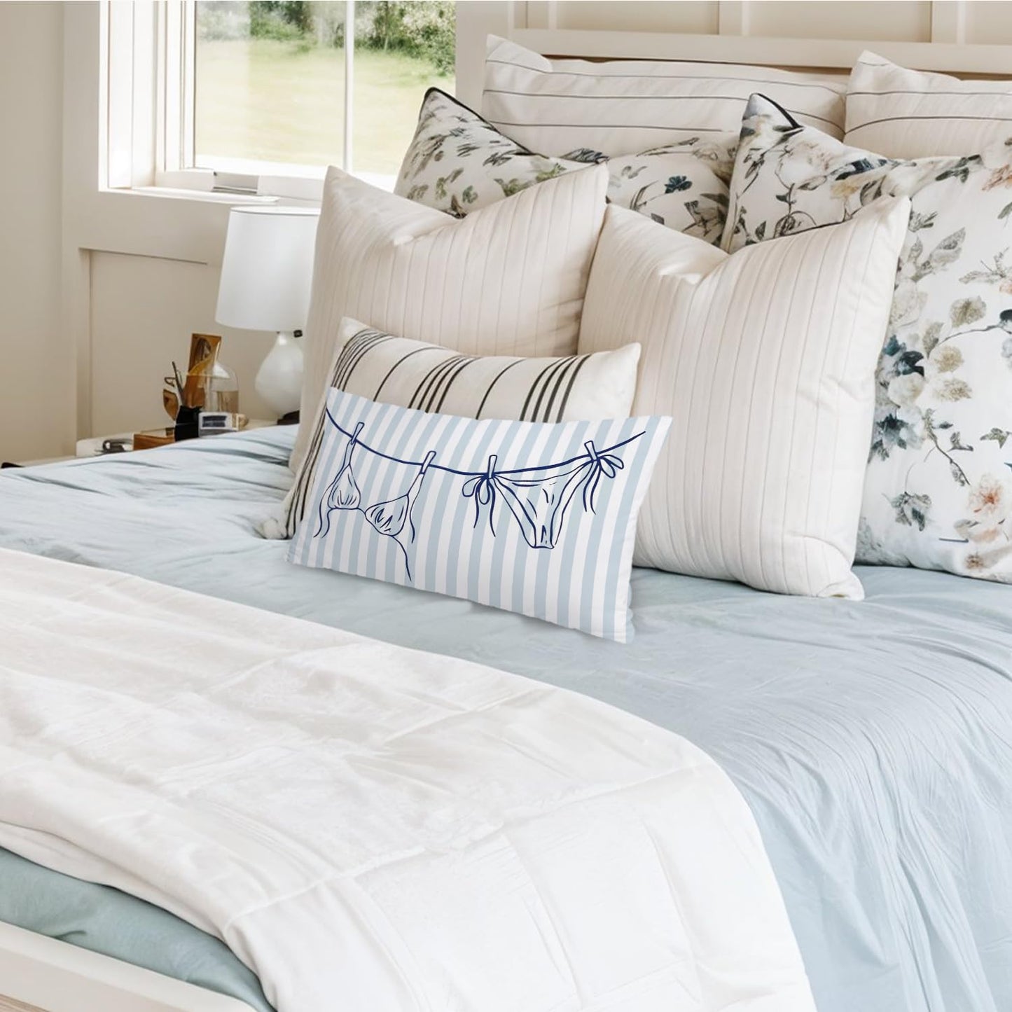 Coastal Beach Girly Room Decor 12x20 Pillow Cover, Preppy Beach Navy Blue Bikini Striped Decorative Lumbar Pillow Covers for Girls Bedroom College Dorm Sofa Couch BST326L