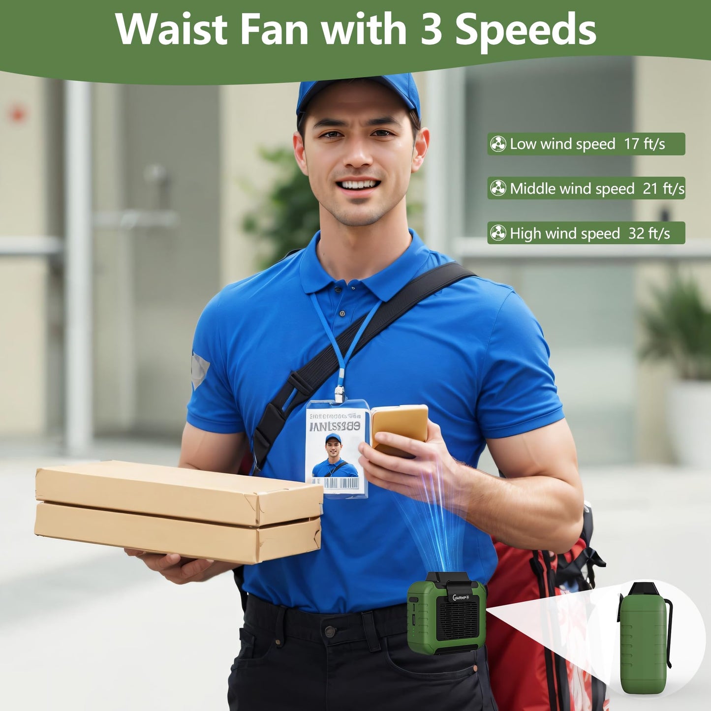 Portable Waist Fan - 6000mAh Battery, 3 Speeds, Strong Airflow, Up to 16 Hours Working Time, Portable Hands-Free Cooling Belt Clip Fan for Construction Workers, Couriers, and Campers BST202