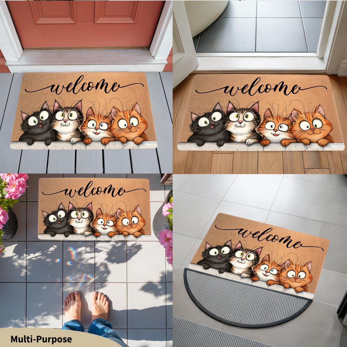 Funny Cat Door Mat 18x30 Inch, Faux Coco Coir Doormat with Non-Slip PVC Backing, Cats Printed Welcome Mat for Outdoor Indoor Entryway Porch Home Kitchen Patio, Cat Lover Gifts for Women Mom BST202
