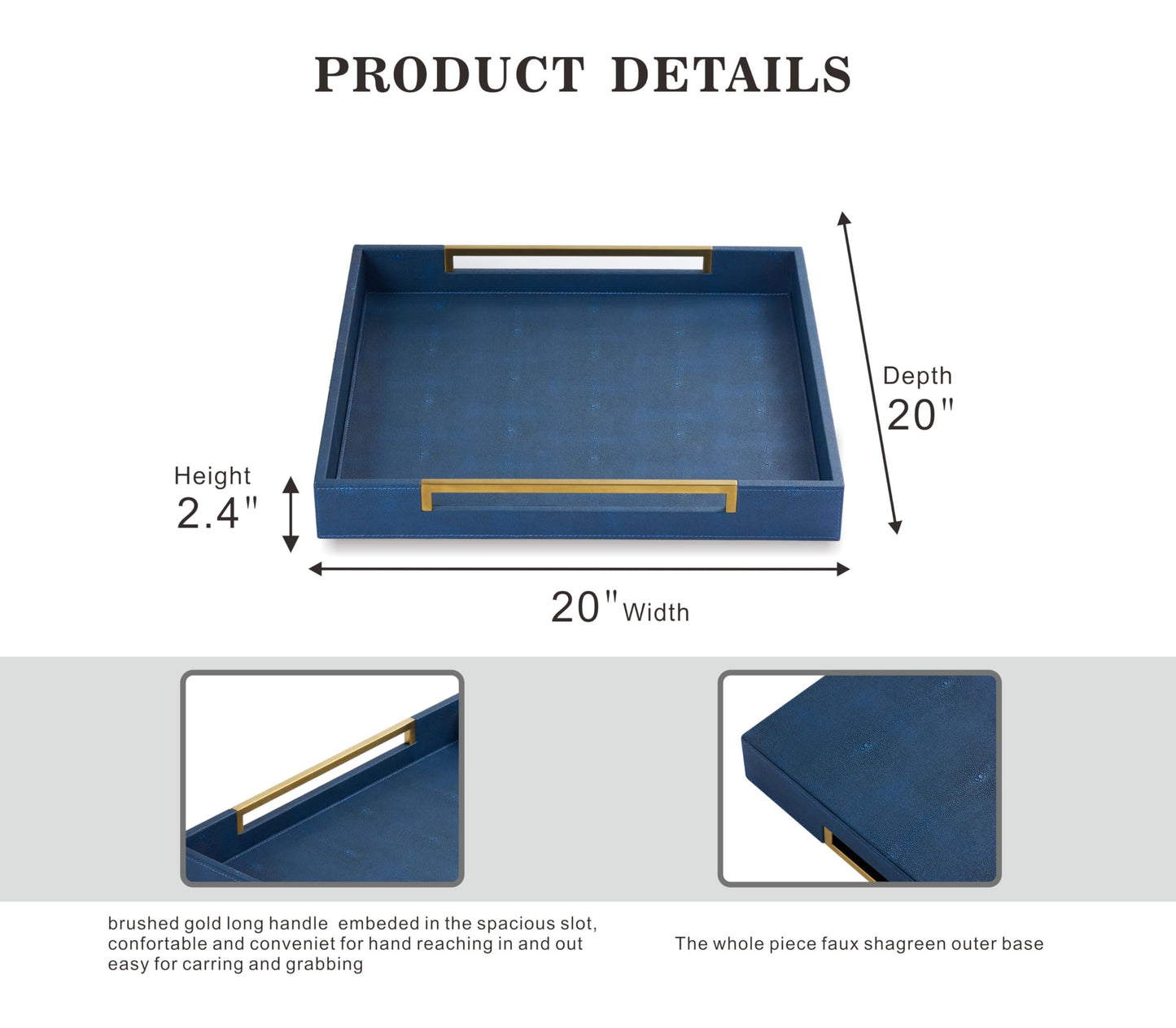 Sagala 16"x16" Ivory Shagreen Leather Serving Tray with Handles for Ottoman Coffee Table, Stylish Decorative Tray for Living Room Modern Home Decor (Ivory-Black, Square 16") BST220