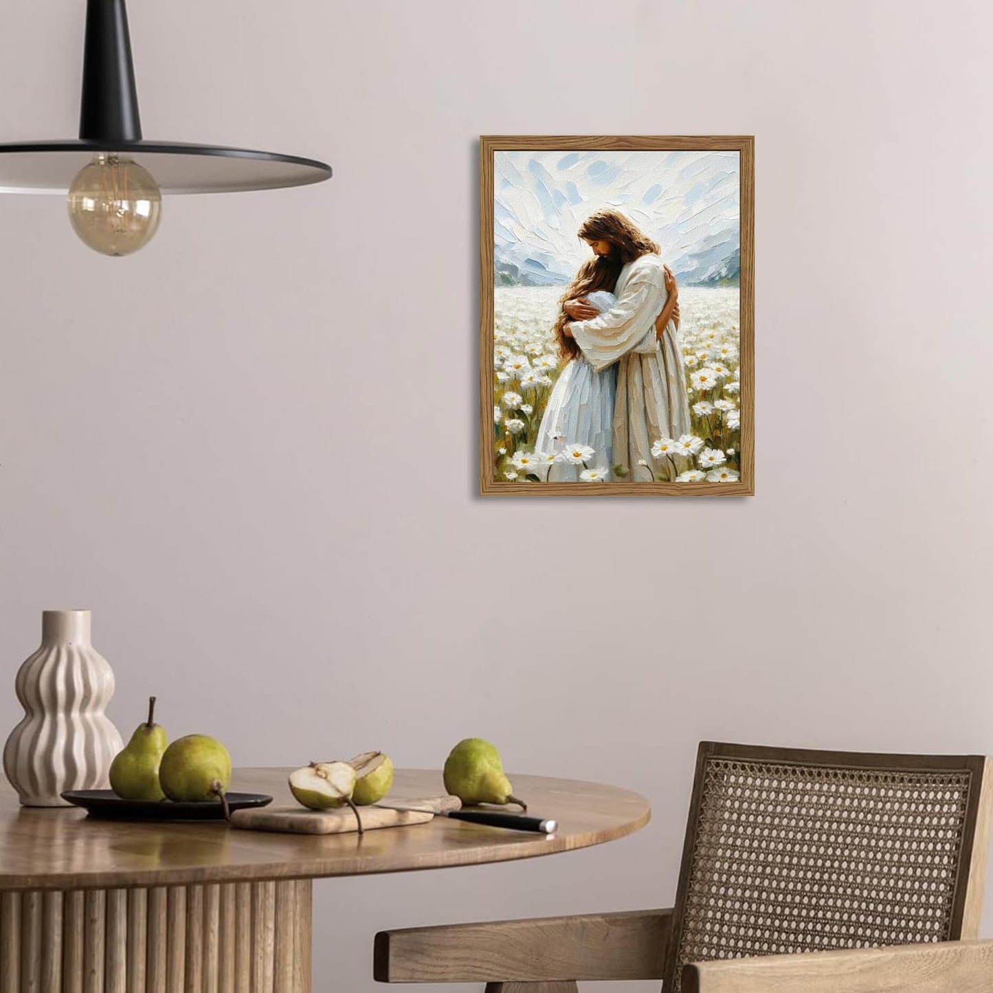 Framed 3D Textured Jesus Embracing Woman Wall Art, Jesus Hugging Woman Wall Decor Hand Drawn Sandstone Religious Christian Bible Painting Pictures for Bedroom Living Prayer Room 12x16 in Wood Framed BST202