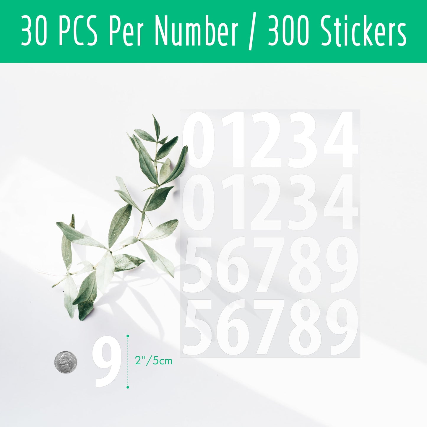 300 PCS Number Stickers, 2” Waterproof Vinyl Number Stickers Consecutive Number 0-9 Labels Self-Adhesive Without Residue Left for Office, Classroom, Indoor, Boxes, Storage (15 Sheets, White) BST220
