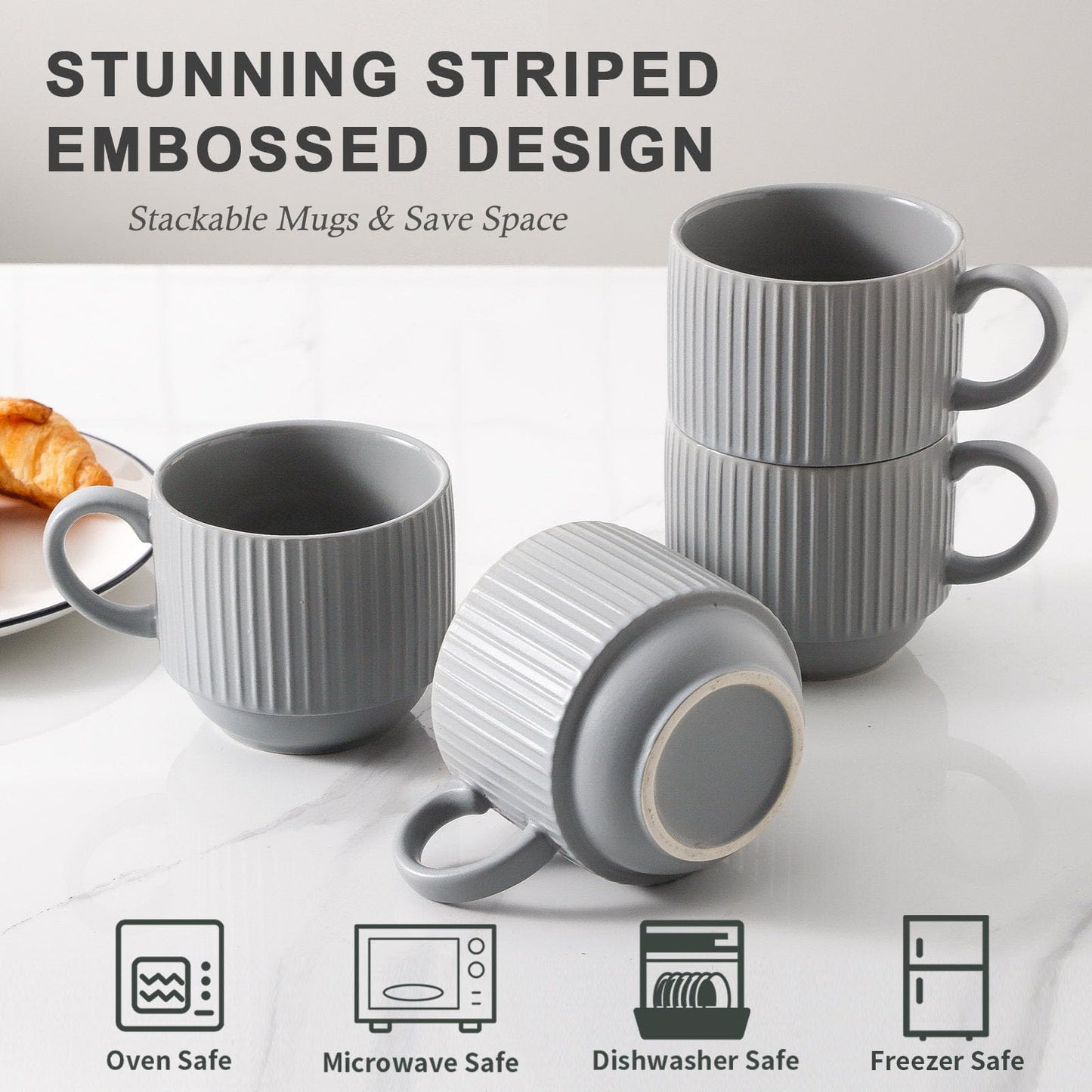 HASENSE 15 oz Ribbed Stackable Coffee Mug Set of 4, Porcelain Latte Cups with Metal Rack, Dishwasher & Microwave Safe, Cappuccino Tea Hot Cocoa, White BST220