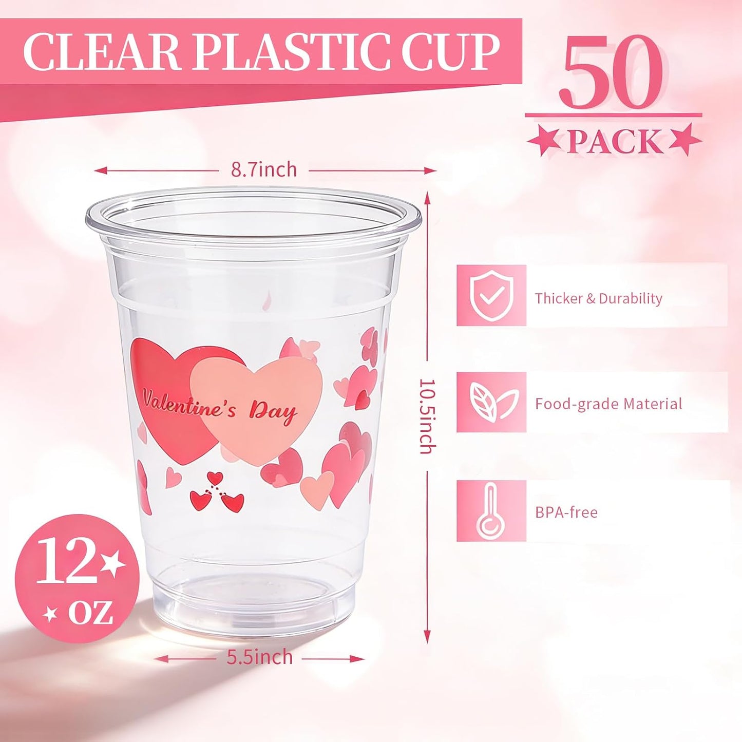 50 Pcs 12oz Valentine's Day Plastic Cups Clear Disposable Cups with Pink Hearts | Valentine Party Cups, Galentine's, Party Supplies, Bulk Drinkware WN420