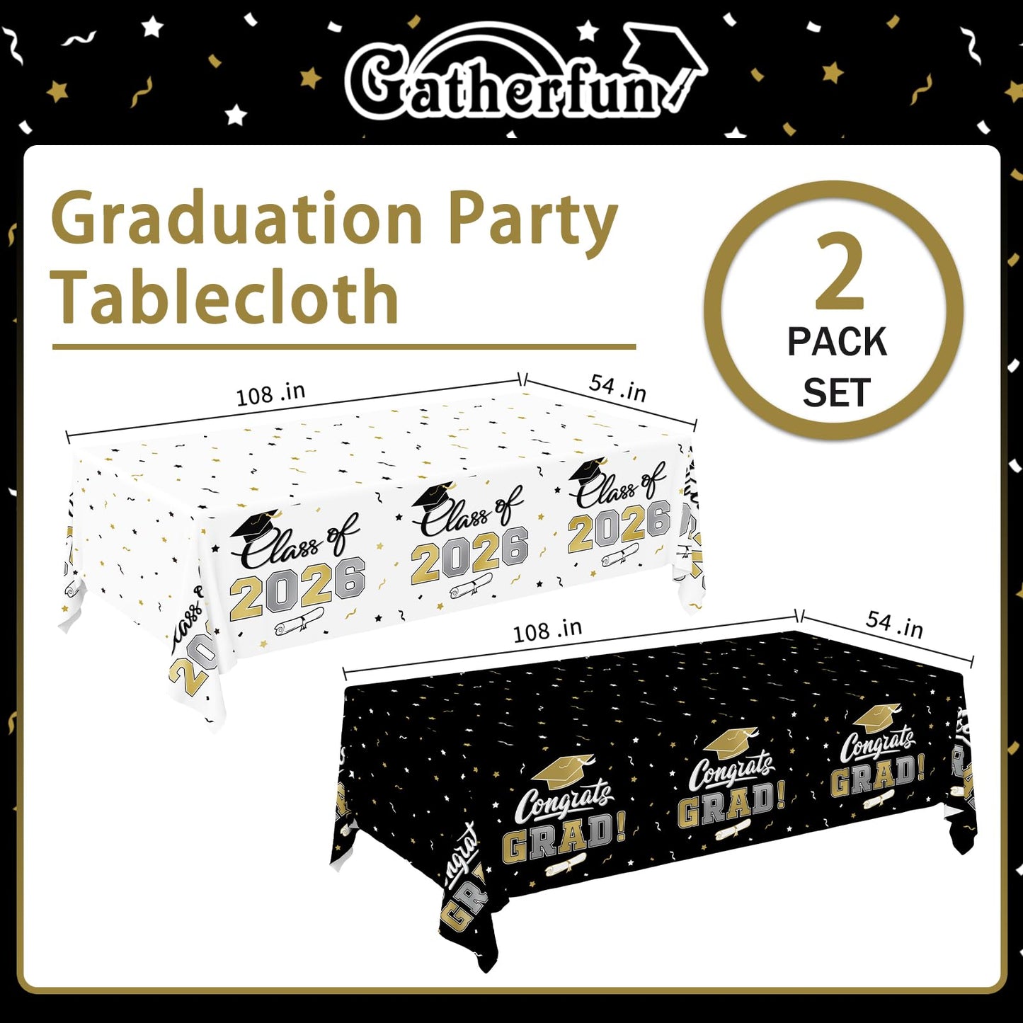 Gatherfun 2026 Graduation Decorations : 2-Pack Congrats Grad Disposable Tablecovers - Class of 2026 Red Themed Table Cloths, for Graduation Party Supplies & Graduation Backdrop, 54" X 108" BST326L