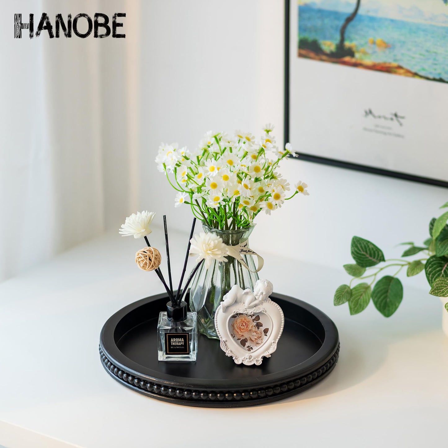Hanobe Decorative Tray for Coffee Table: 10.5-Inch Round Whitewashed Wood Tray for Rustic Farmhouse Living Room Kitchen Island Entryway Home Decor BST326H