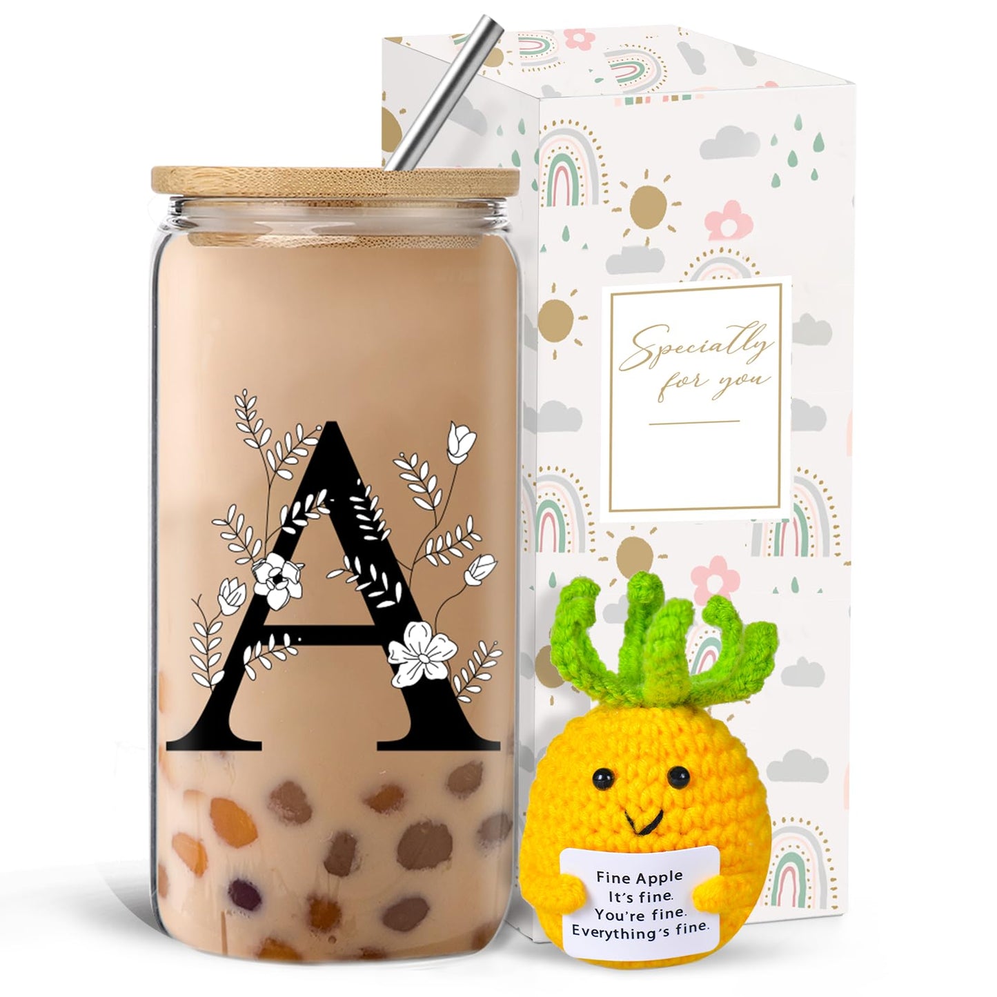 Monogrammed Initial Glass Cup with Lids and Straws gift for Women | Personalized Gift Set with Doll, 16 Oz Ice Coffee Cup ,reusable glass tumbler,Birthday Christmas Gift for Her,U WN420