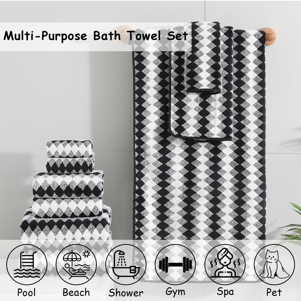 12 Pcs Light Gray Diamond Towel Set-4 Bath Towels,4 Hand Towels,4 Washcloths Soft Polyester Towels with Loop Absorbent Shower Towel Quick Dry Beach Chair Towel Family Towels for Bathroom Spa Gym Pool BST220
