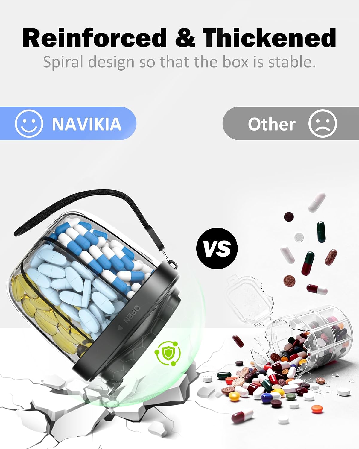 Cute Pill Organizer,Pill Dispenser with 7 Large Compartments,Portable Pill Bottle Box with Wide Opening for Easy Use, Anti-Mix Pills Organizer for Travel,Includes 20 Pcs Sticky Labels(Black) WN420
