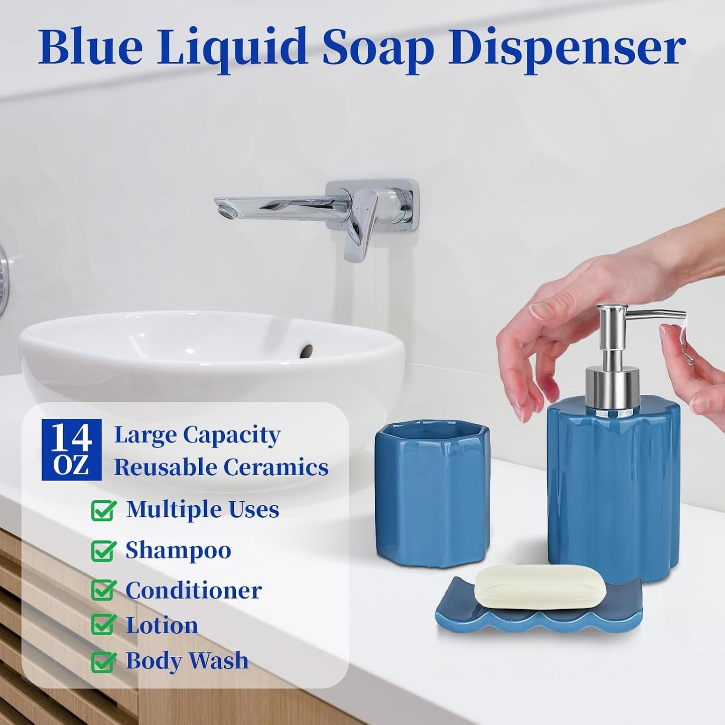 Ceramic Bathroom Accessories Set, Amaauto 3-Piece - Blue Soap Dispenser, Toothbrush Holder & Soap Dish | Modern Bathroom Decor for Countertop Organization BST202