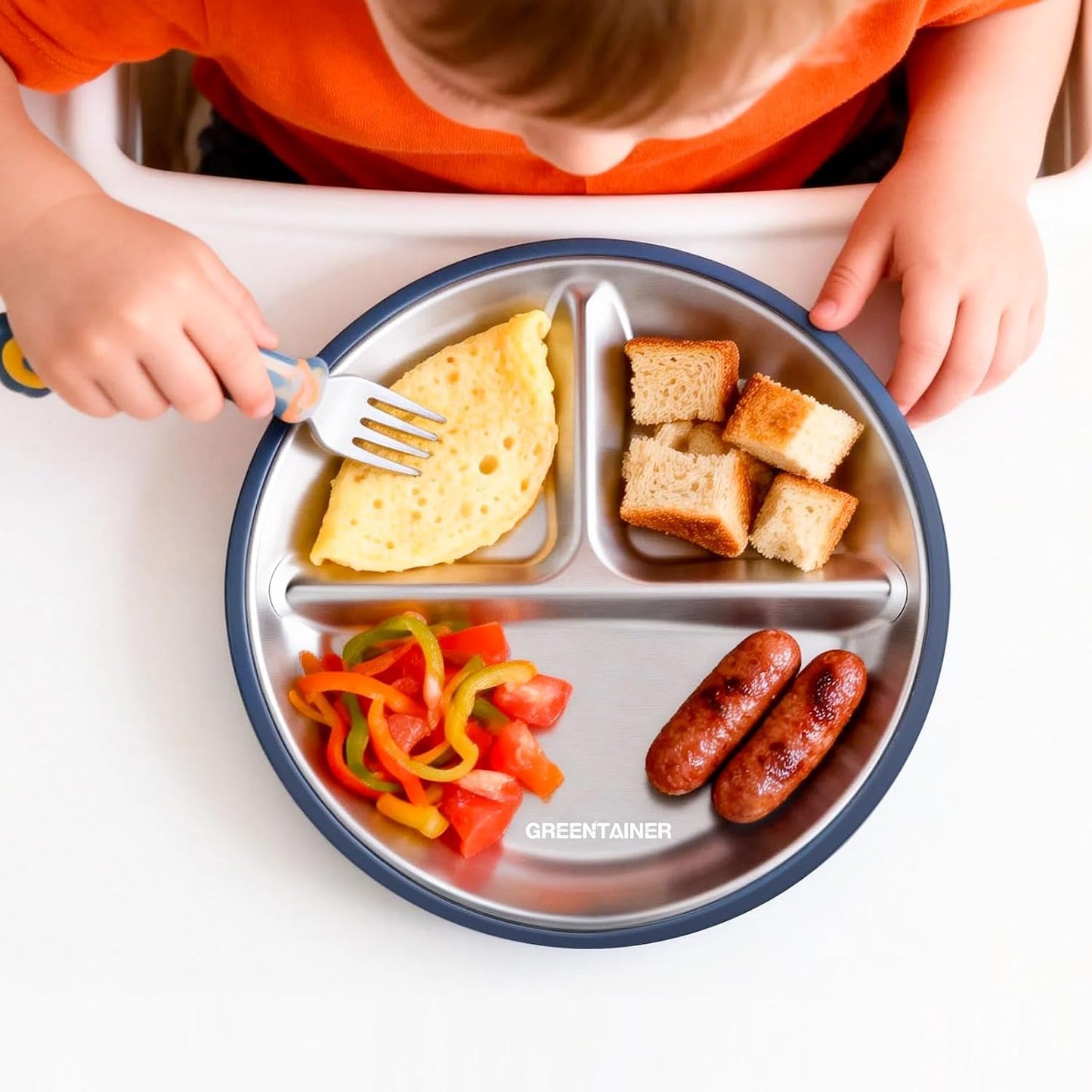 Greentainer 3 Pack Stainless Steel Baby Plates with Suction, Divided Toddler Plates with Removable Silicone Sleeves, Unbreakable Kids Dishes for Dinner & Snack, Non-Toxic, Dishwasher Safe BST326H