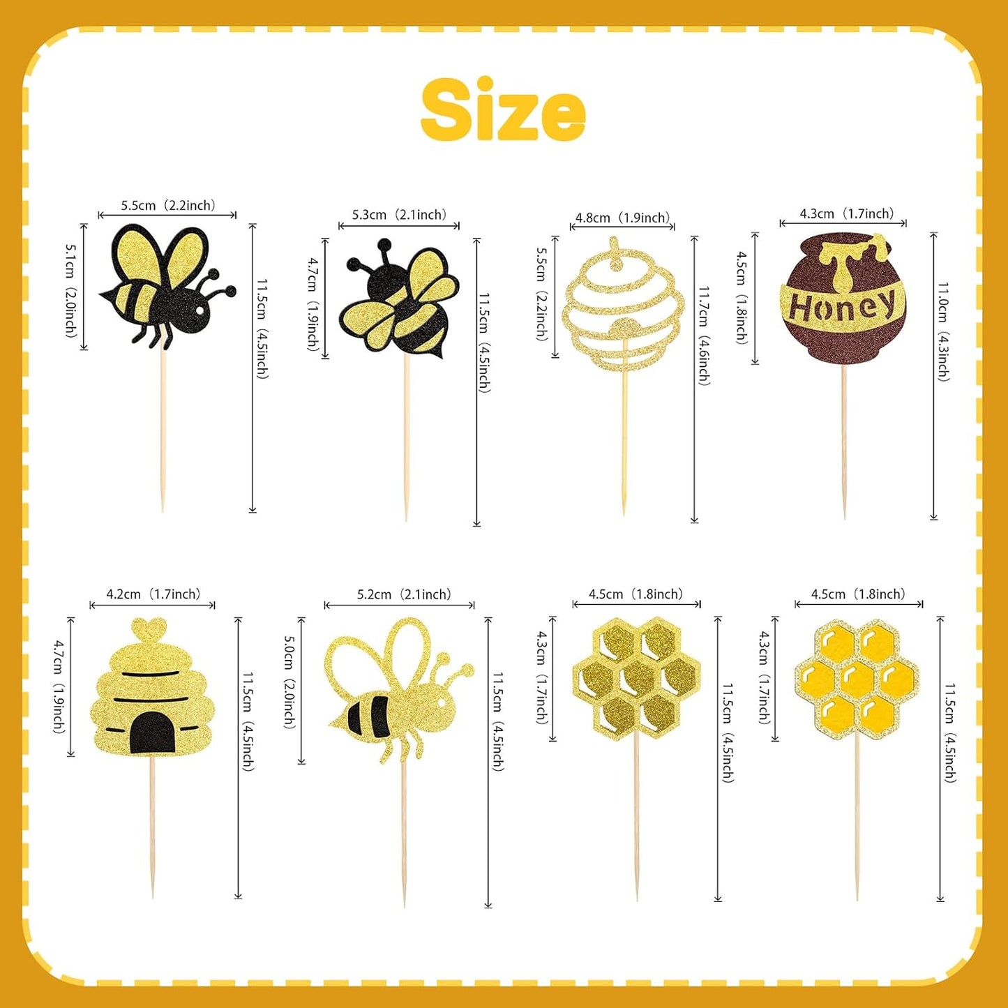 24 PCS Bumble Bee Cupcake Toppers Glitter Heart Honeycomb Bee Cupcake Picks BaBy Shower Cake Decorations for Bee Theme Baby Shower Kids Birthday Party Supplies WN420