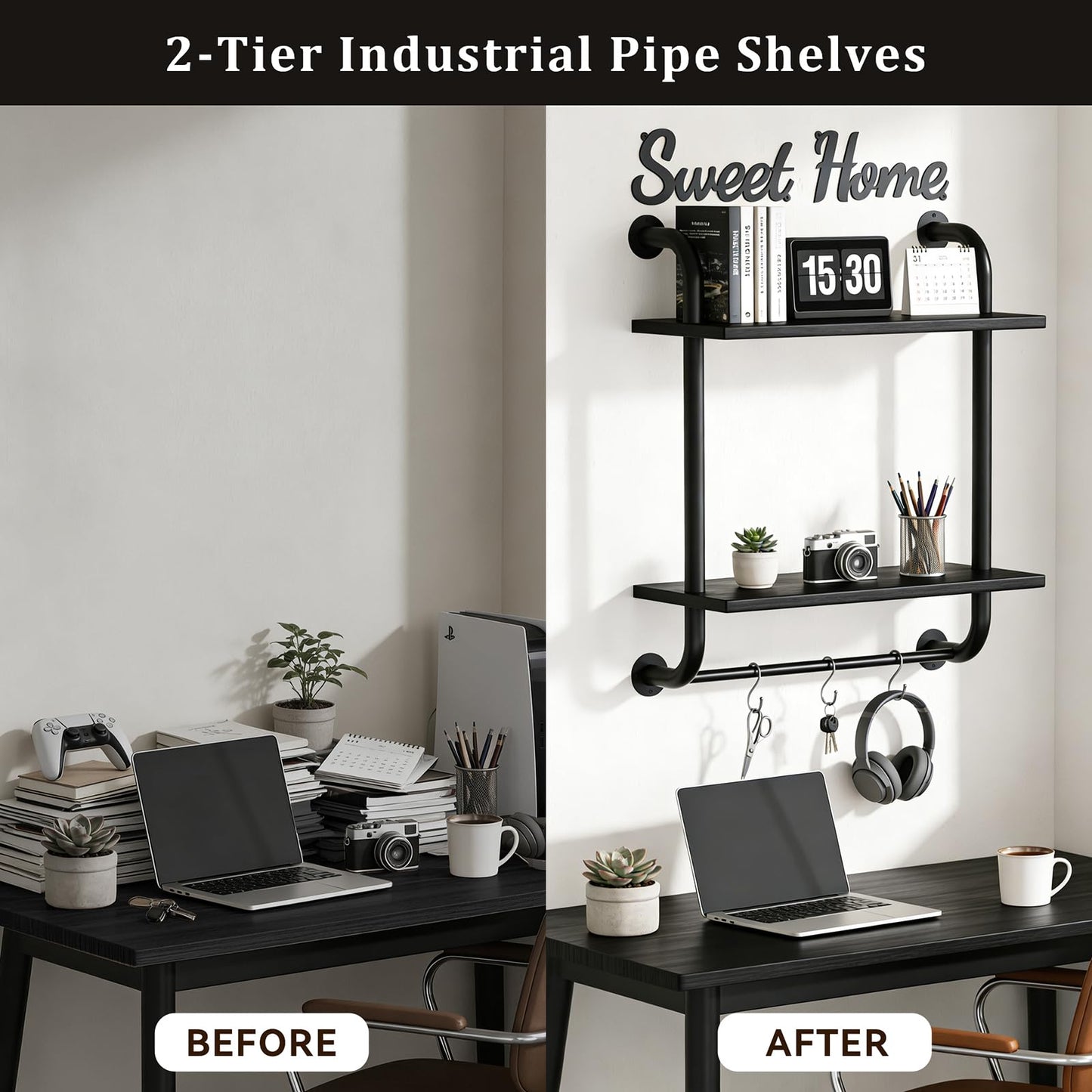Tinpin Bathroom Shelves Wall Mounted, Rustic Farmhouse Pipe Shelves, Walls Shelf 3-Tier, Industrial Pipe Shelving, Floating Shelf Wall Decor for Bathroom, Kitchen, Bedroom, Living Room 17.3in Black DD1210