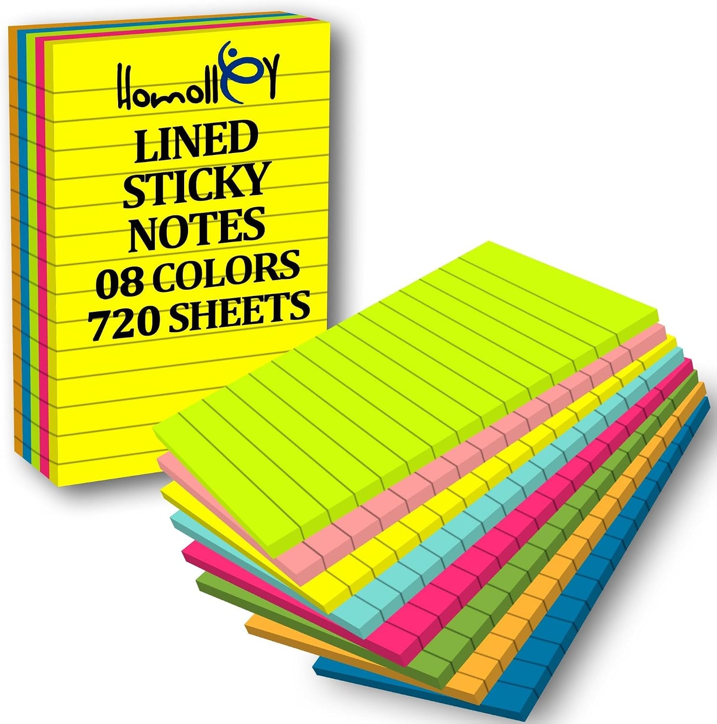 12 Pack Lined Sticky Notes 4x6 Inch – Large Ruled Self-Stick Note Pads (720 Sheets Total, 8 Bright Colors) with Strong Adhesive for Office, School & Home Use WN420