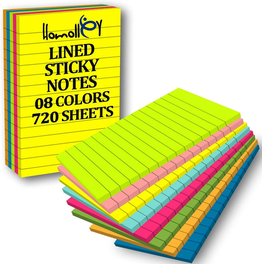12 Pack Lined Sticky Notes 4x6 Inch – Large Ruled Self-Stick Note Pads (720 Sheets Total, 8 Bright Colors) with Strong Adhesive for Office, School & Home Use WN420