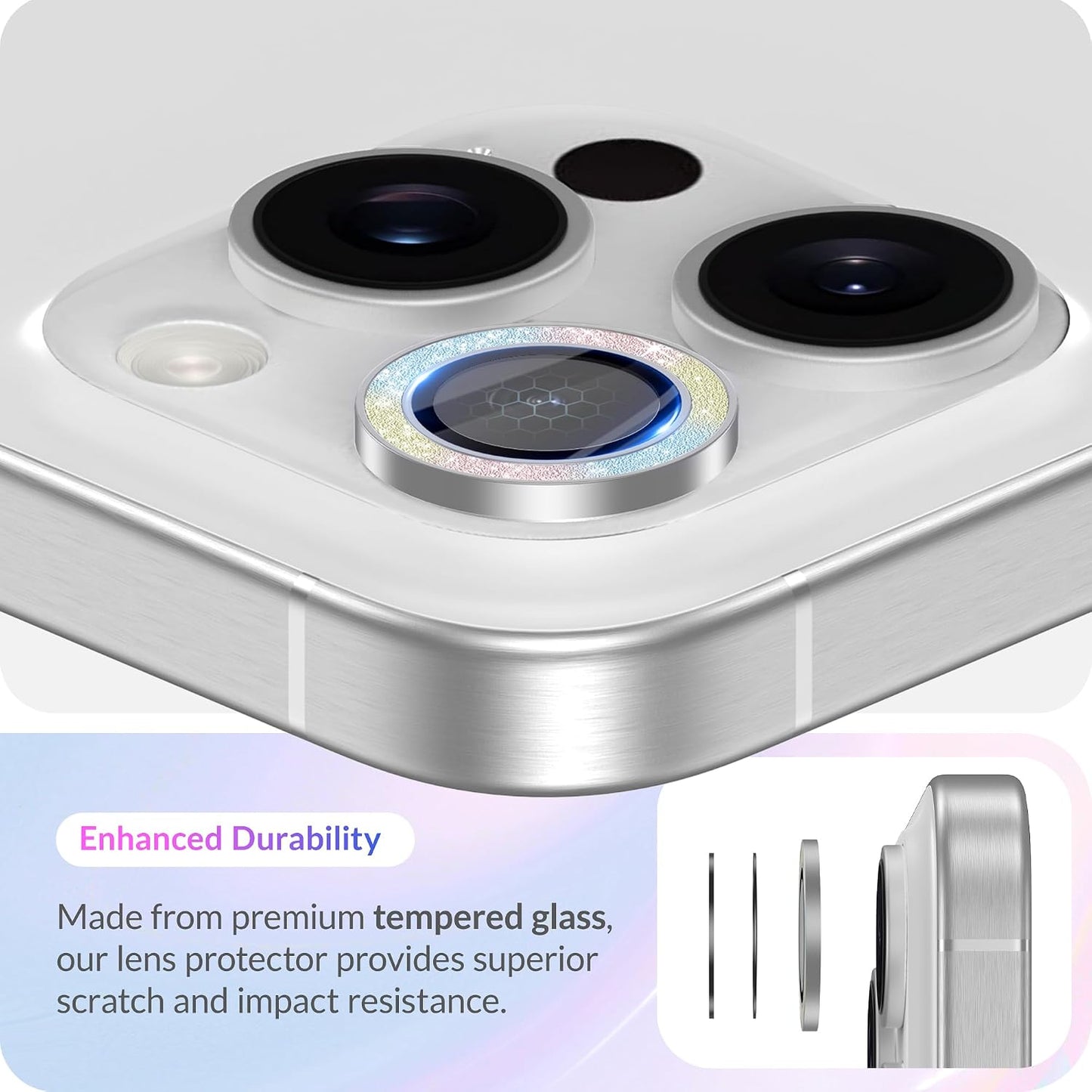 LONLI - for iPhone 16 Pro | 16 Pro Max - Triple Individual Camera Lens Protector - Rainbow Holographic Glitter WN420