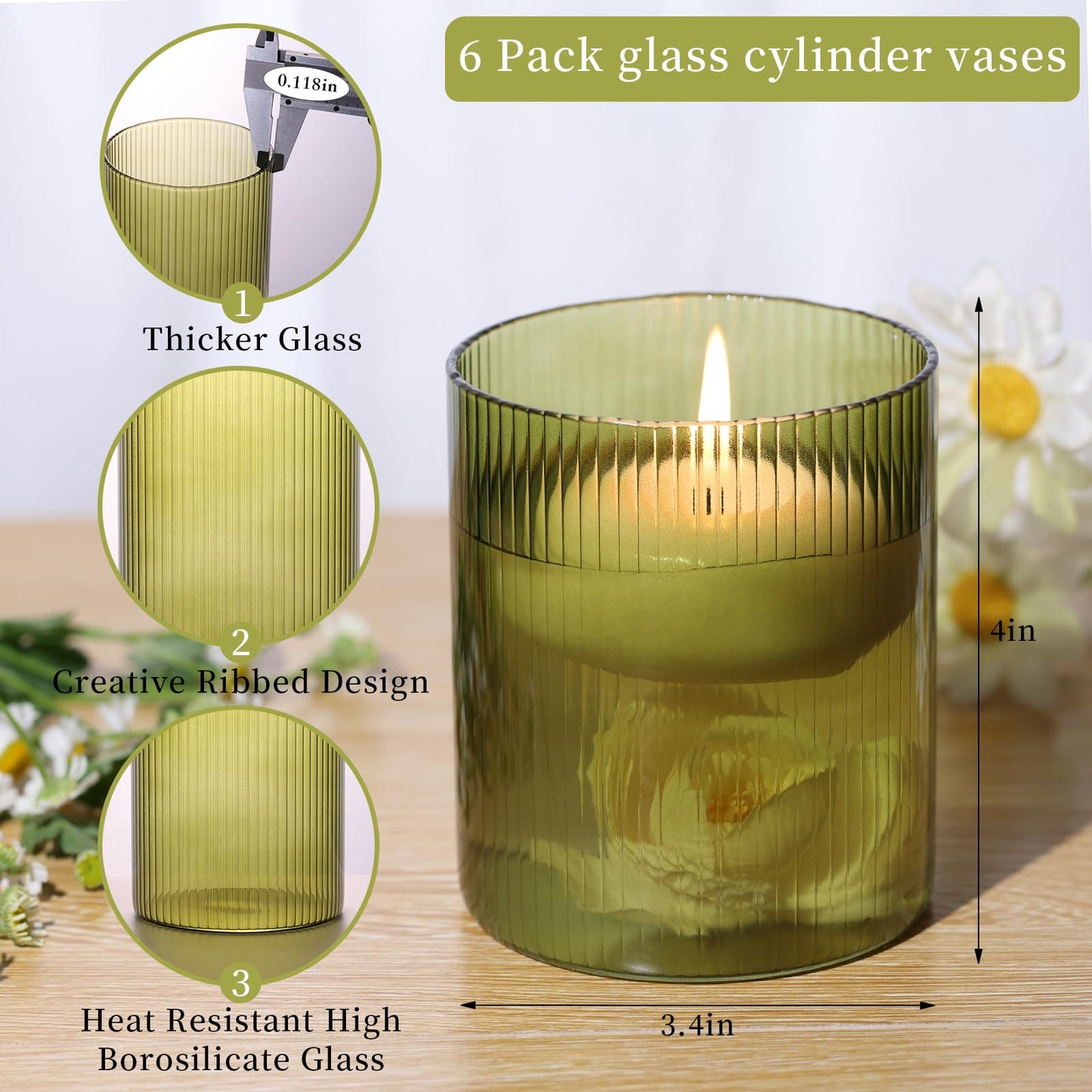 Glass Ribbed Cylinder Vases, 8 Inch Tall, Clear, Pack of 3 | Flower Vases in Bulk, Hurricane Floating Candle Vases, For Party Home Decor BST326H
