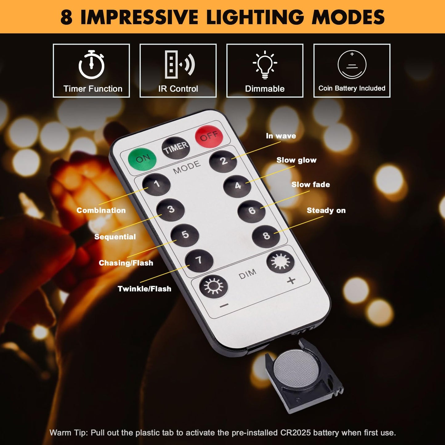 Fairy Lights 33FT 100 LED Fairy String Lights Battery Operated with Remote, 8 Modes Outdoor Waterproof Led Twinkle Lights for DIY Party Wedding Christmas Decoration Warm White WN420