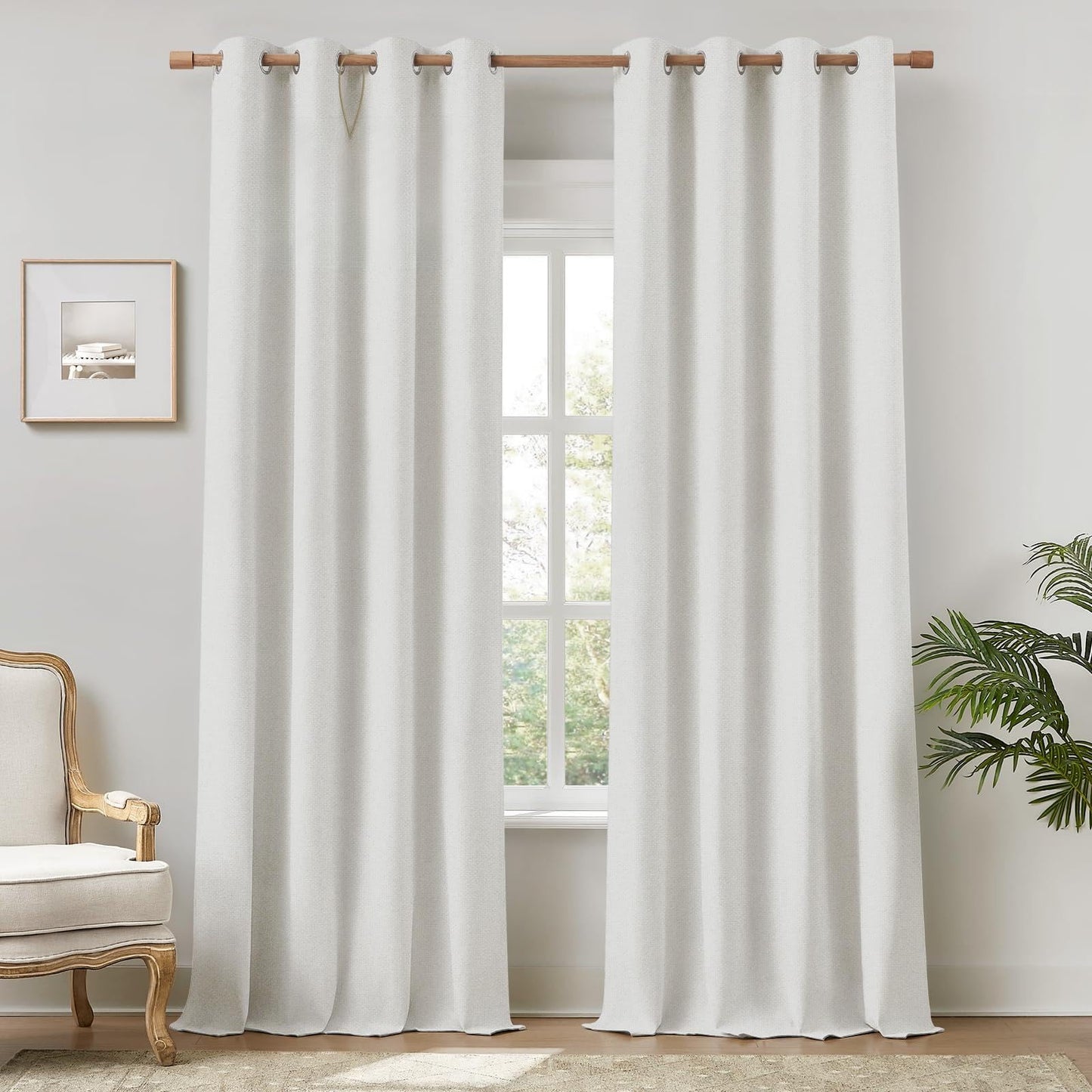 HOMEIDEAS 100% Ivory Cream Linen Blackout Curtains for Bedroom, 52 x 96 Inch Length 2 Panels Faux Linen Thermal Insulated Black Out Grommet Window Drapes for Living Room BST202