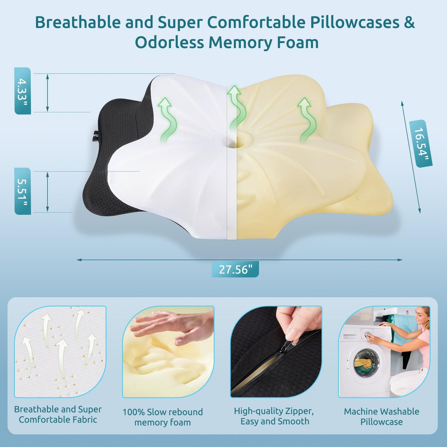 DONAMA Cervical Pillow for Neck and Shoulder,Contour Memory Foam Pillow,Ergonomic Neck Support Pillow for Side Back Stomach Sleepers with Pillowcase-Standard Size BST220